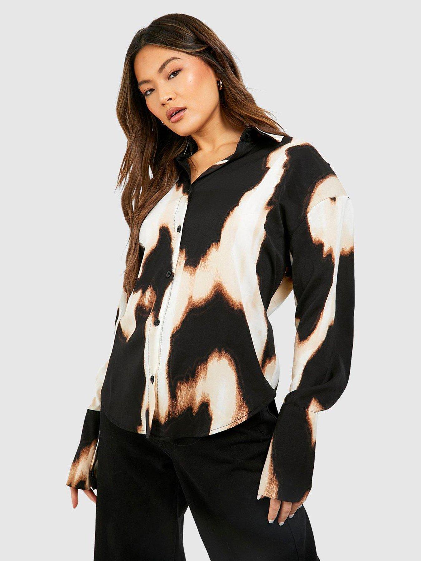 Image of Boohoo Satin Leopard Deep Cuff Shirt - Black