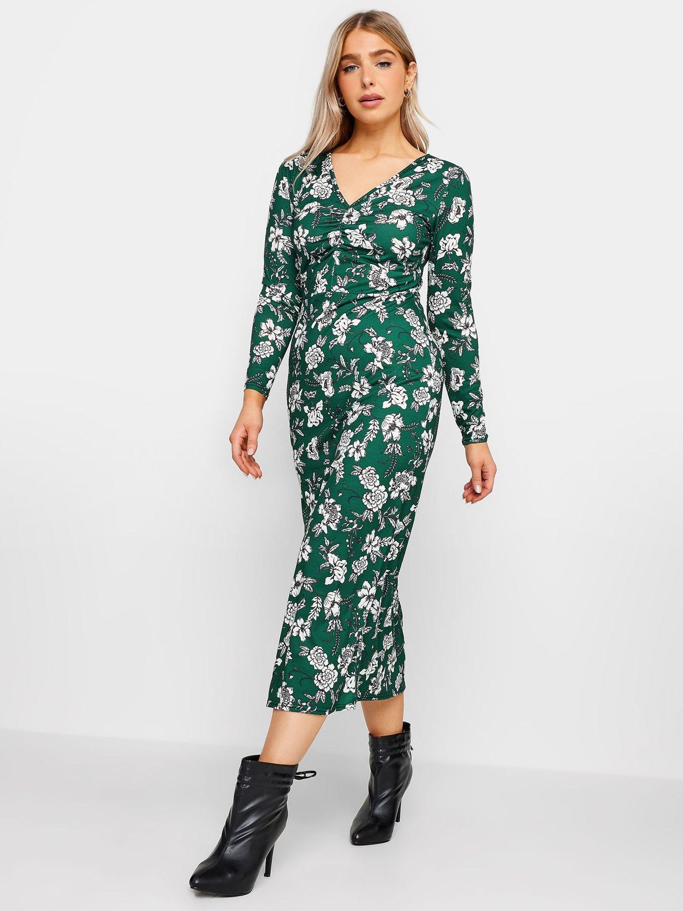 mco-gathered-v-neck-midi-dress-green