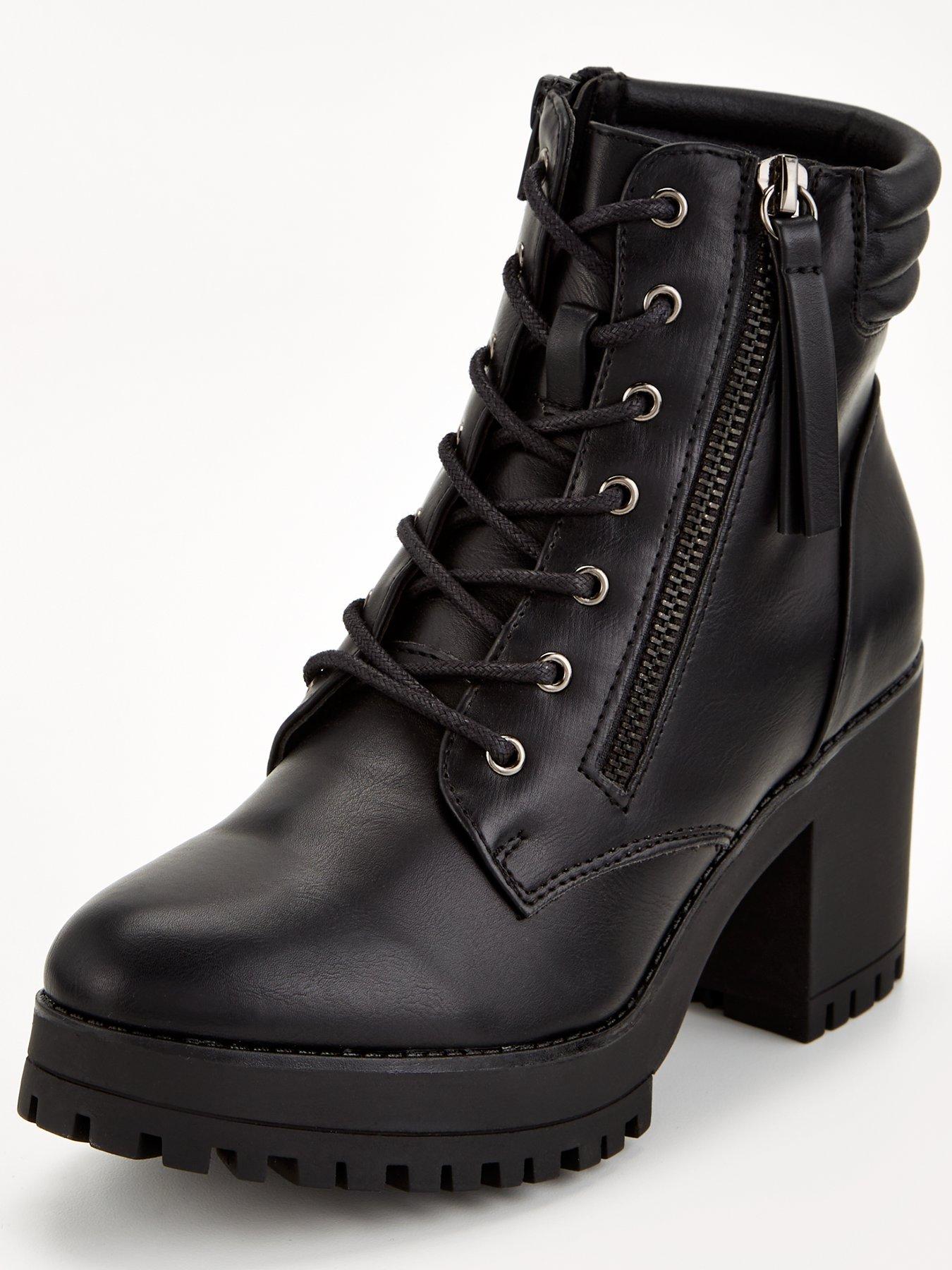 Lace Up Block Heel Ankle Boot Black