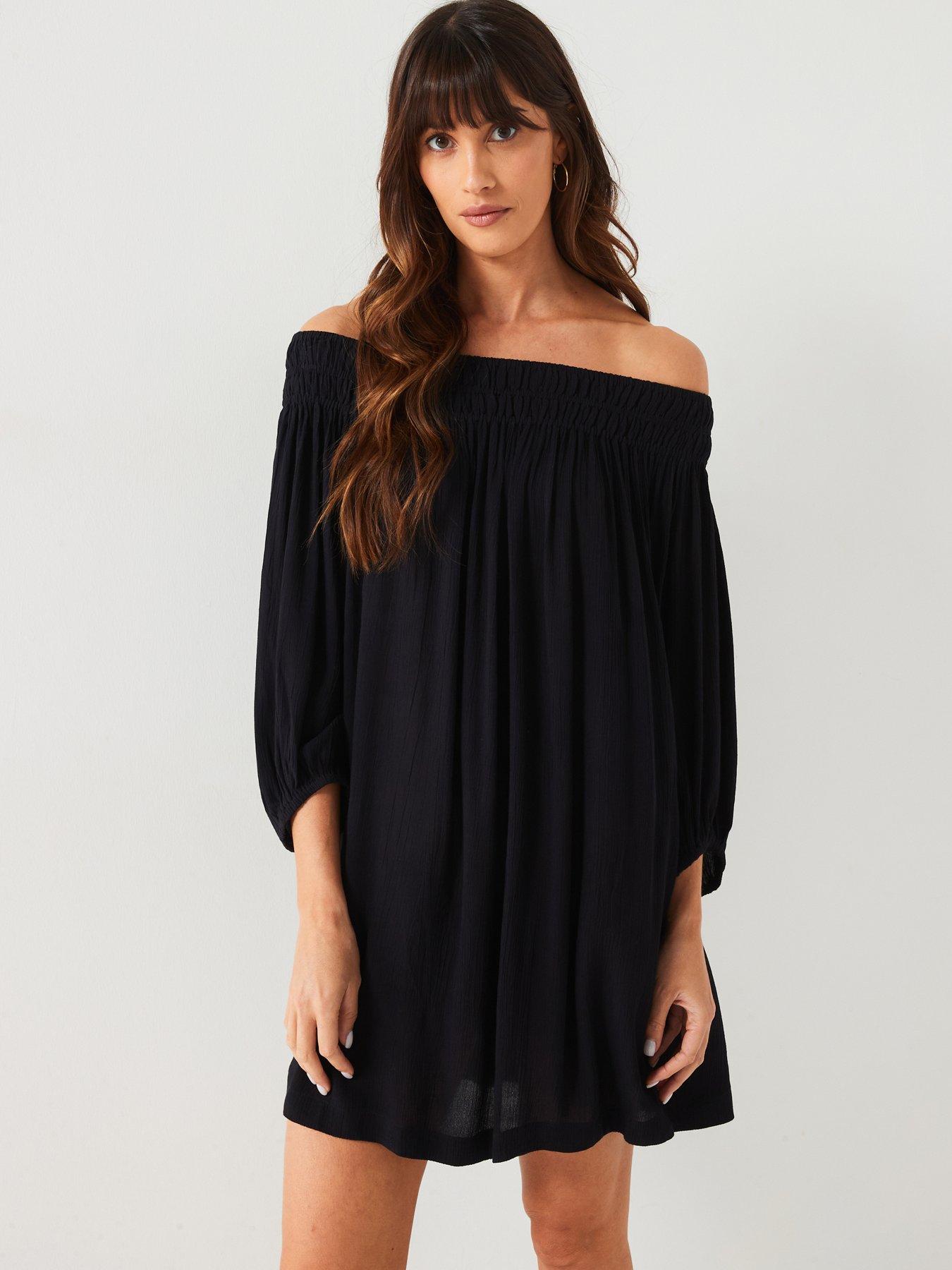 everyday-long-sleeve-crinkled-bardot-mini-dress-blackfront