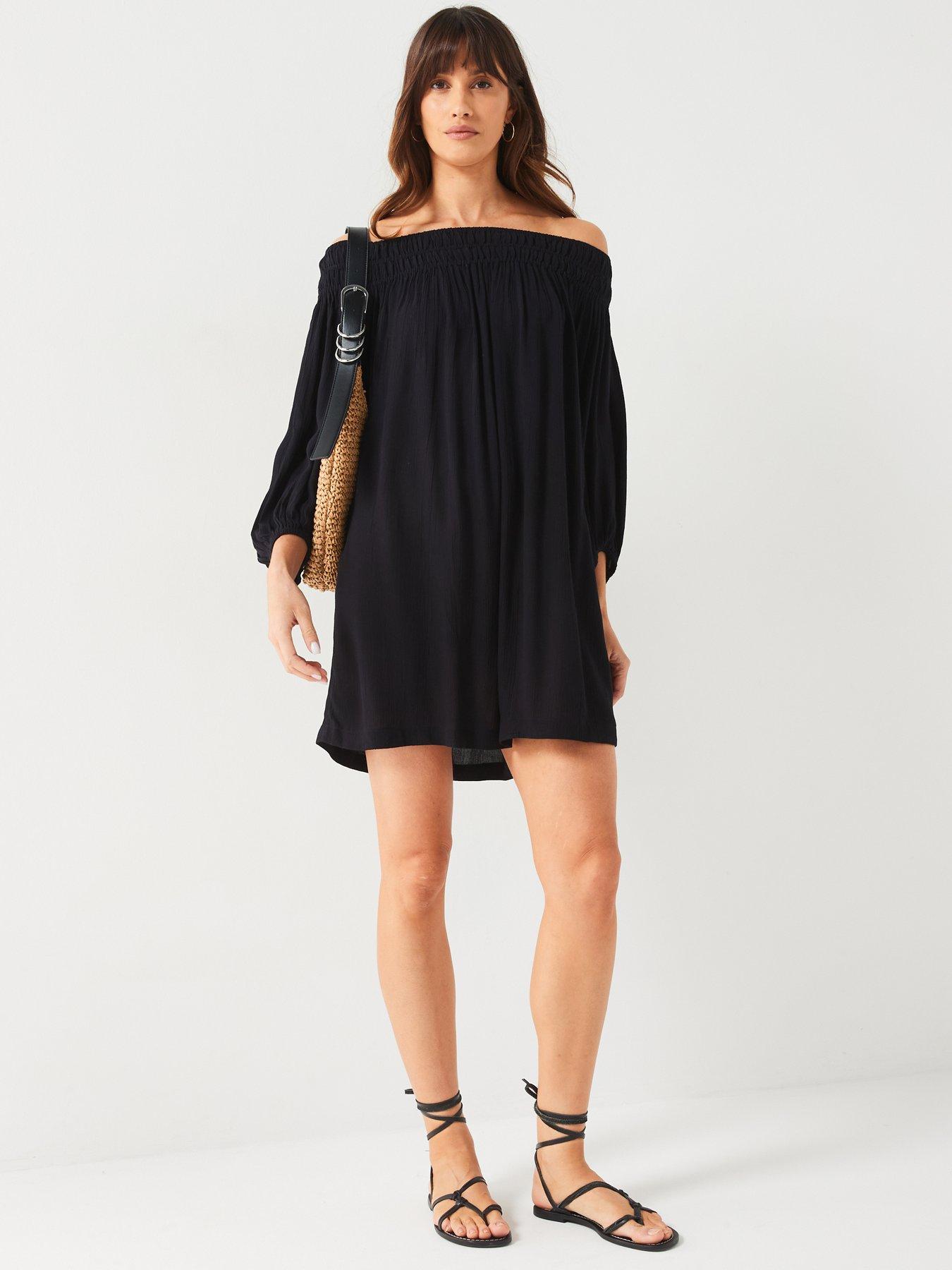 everyday-long-sleeve-crinkled-bardot-mini-dress-blackdetail