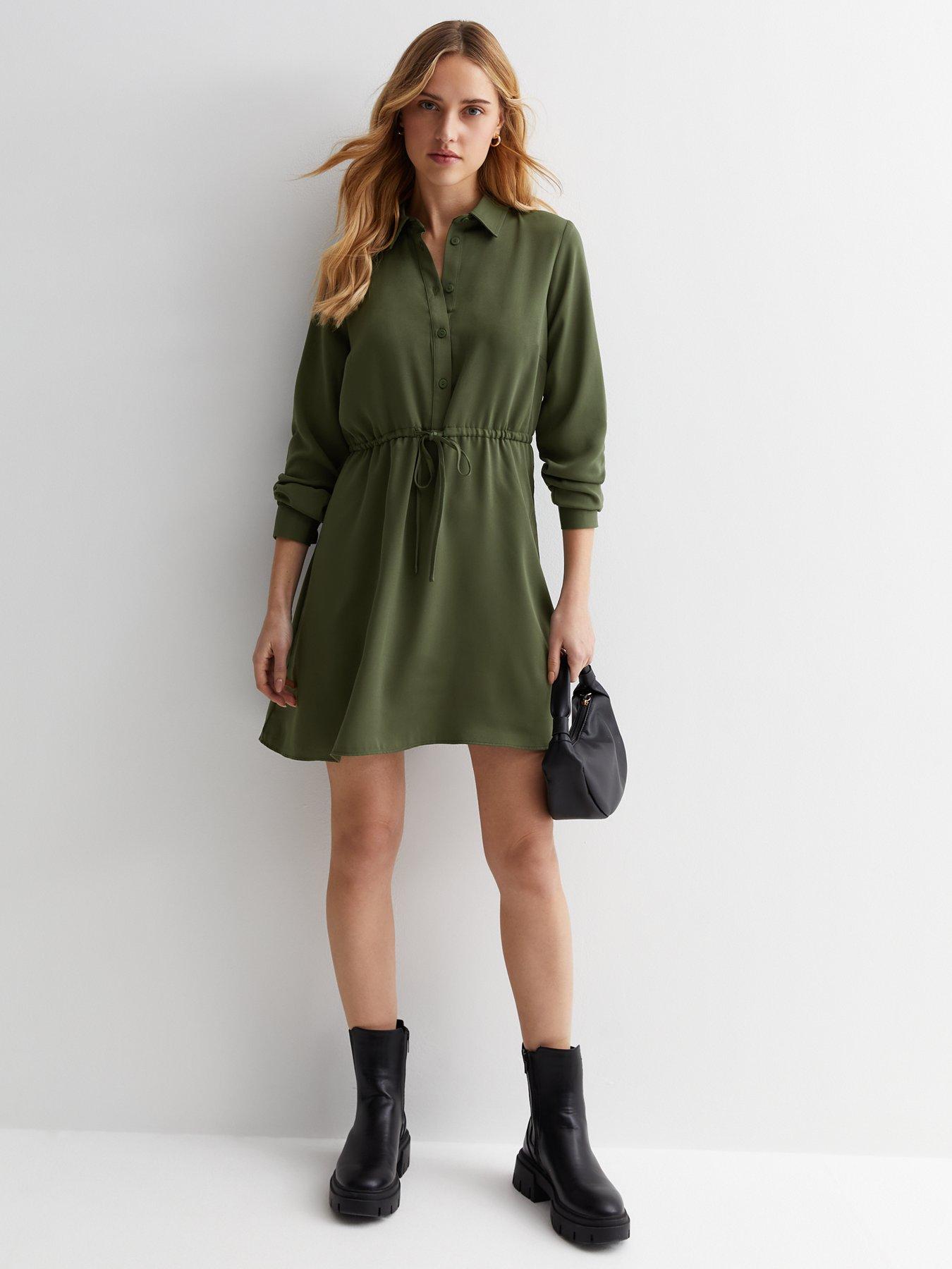 new-look-khaki-drawstring-mini-shirt-dress