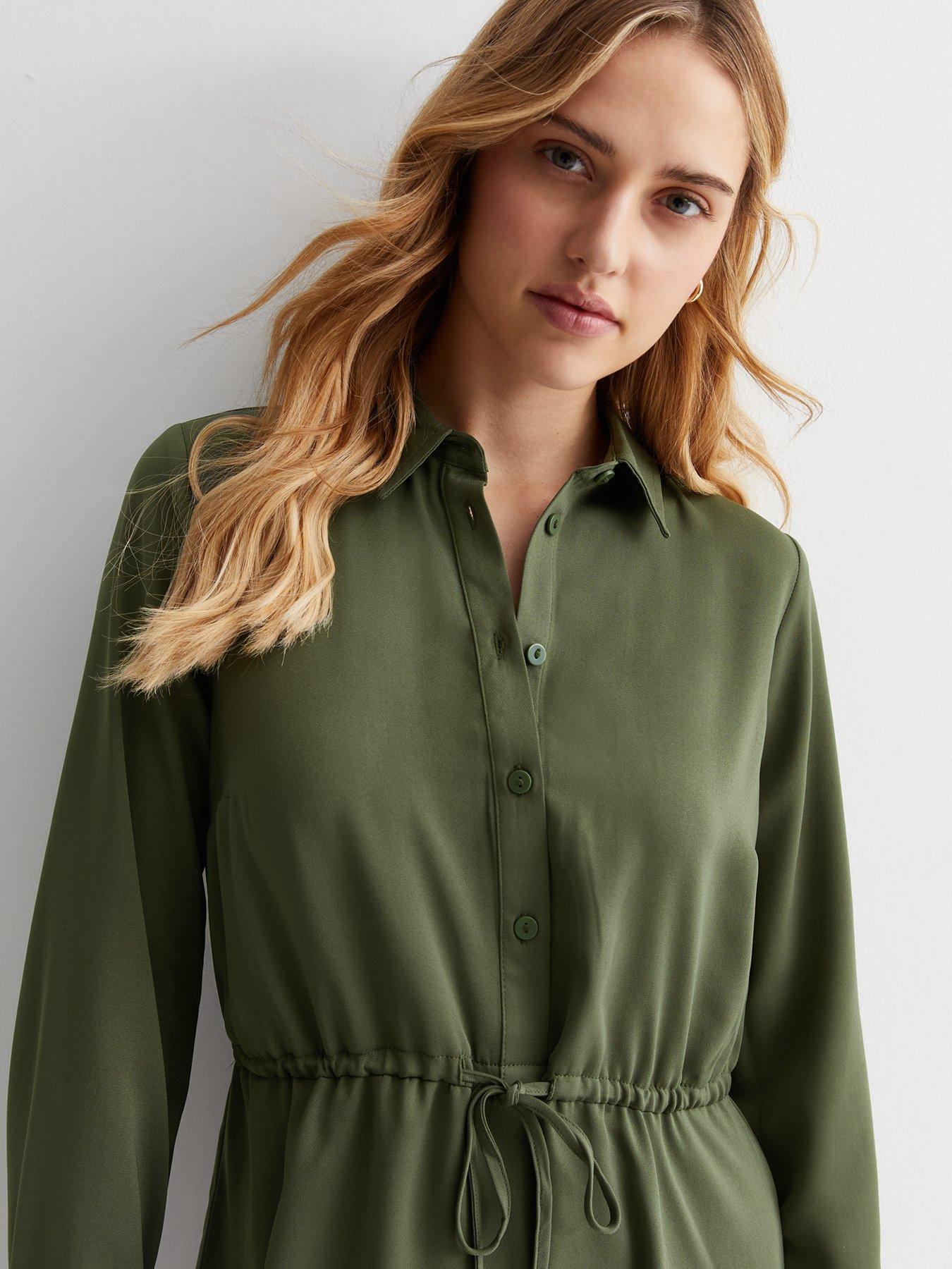 new-look-khaki-drawstring-mini-shirt-dressoutfit