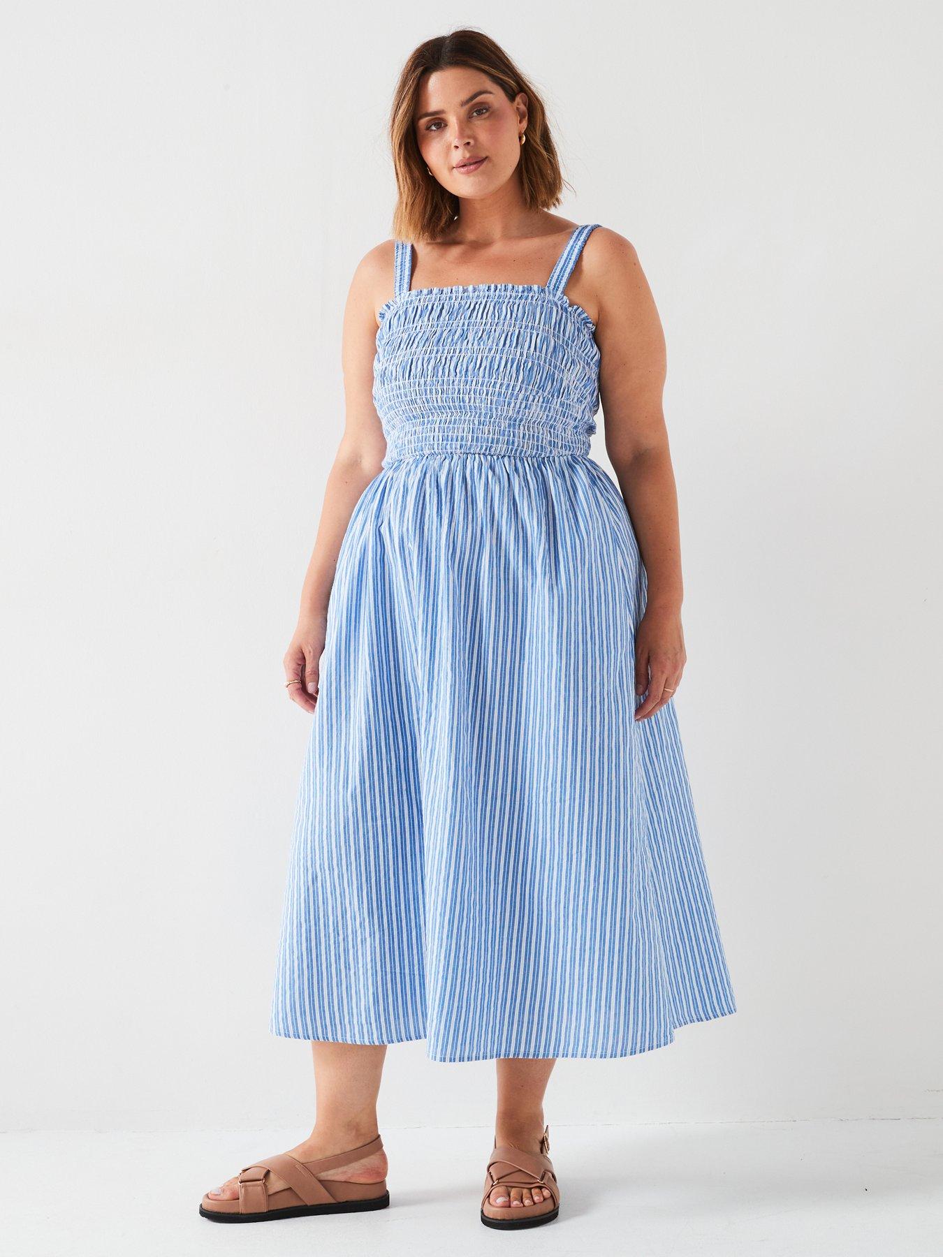 v-by-very-curve-curve-stripe-shirred-bust-strappy-midi-dress-print