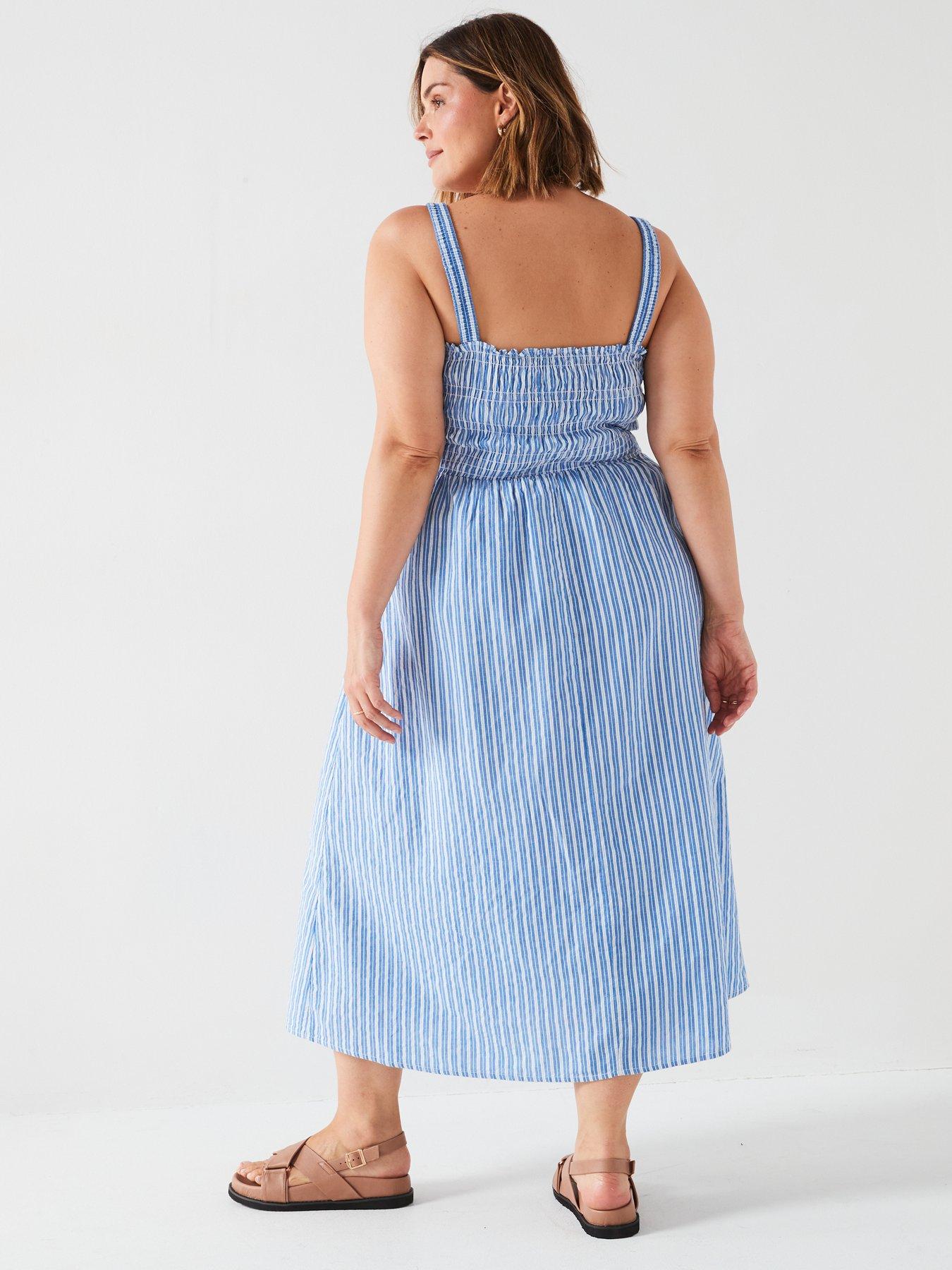 v-by-very-curve-curve-stripe-shirred-bust-strappy-midi-dress-printstillFront