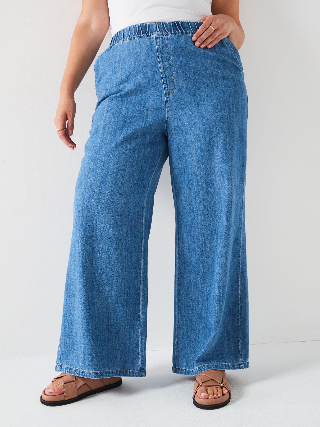 V by Very Curve Elasticated Waist Wide Leg Jean - Mid Wash | Very Ireland