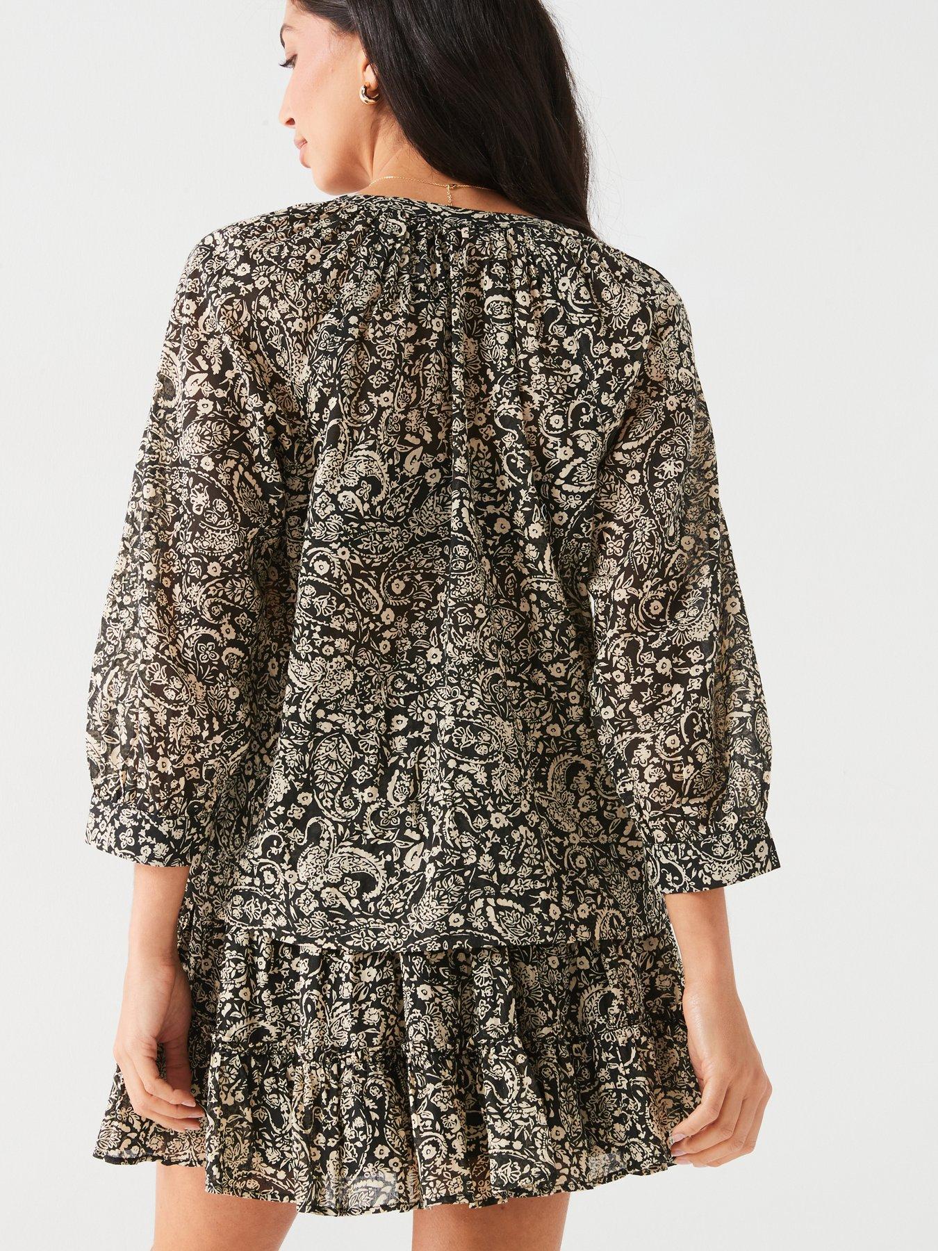 v-by-very-printed-button-through-blouse-co-ord-brownstillFront