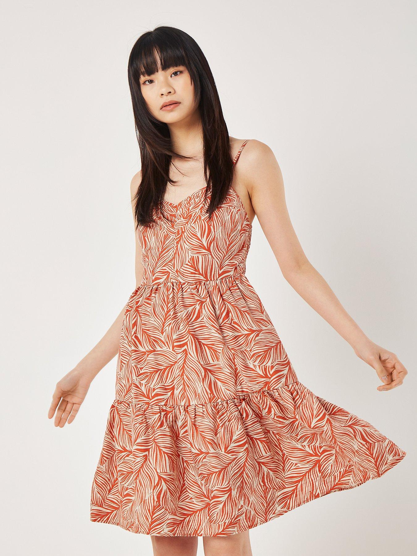 apricot-geo-leaf-pintuck-mini-dress-orange