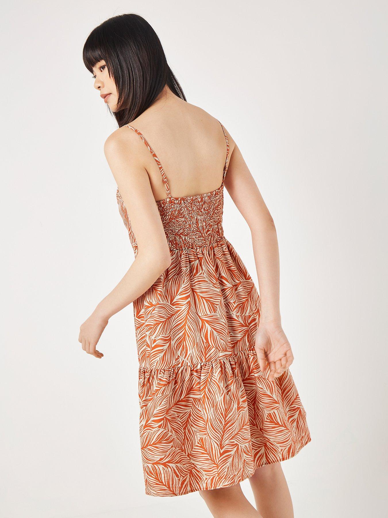 apricot-geo-leaf-pintuck-mini-dress-orangestillFront