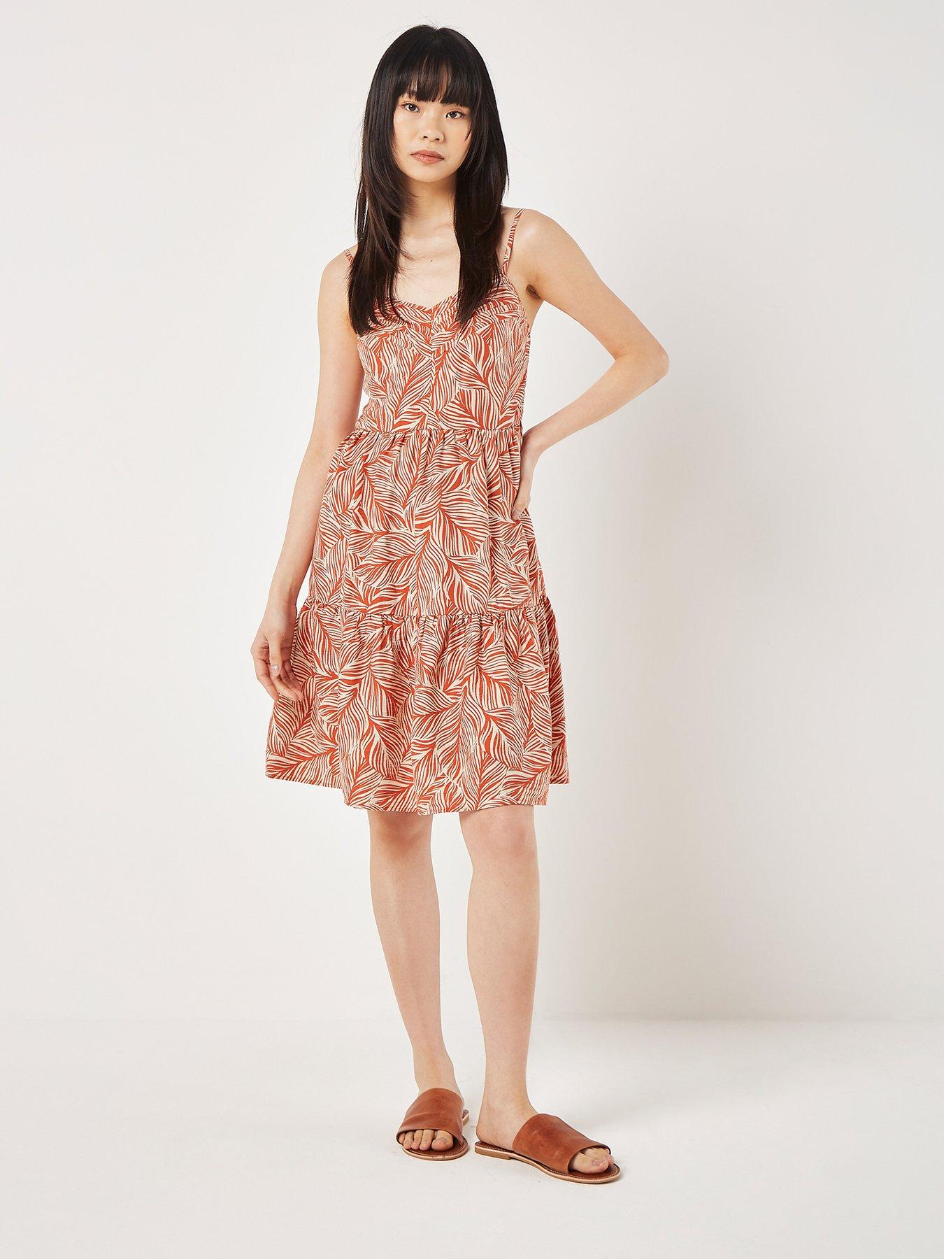 apricot-geo-leaf-pintuck-mini-dress-orangeback