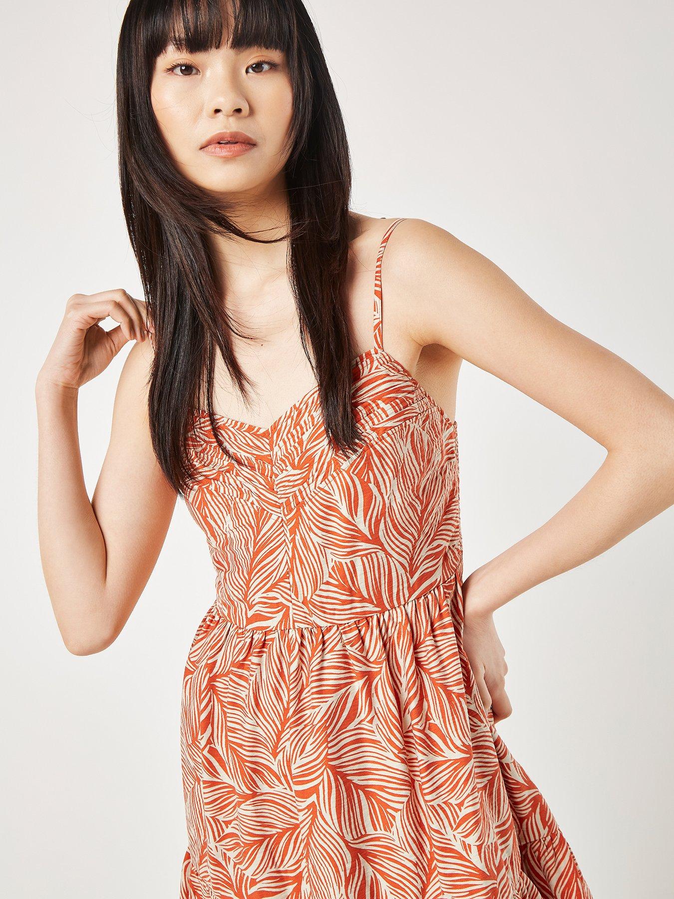 apricot-geo-leaf-pintuck-mini-dress-orangeoutfit