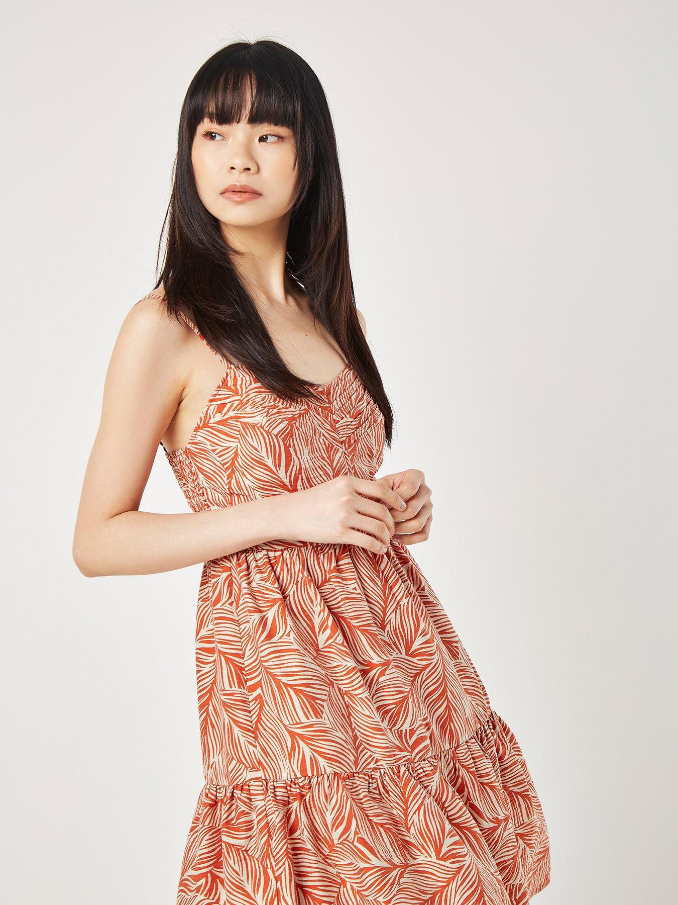 apricot-geo-leaf-pintuck-mini-dress-orangedetail