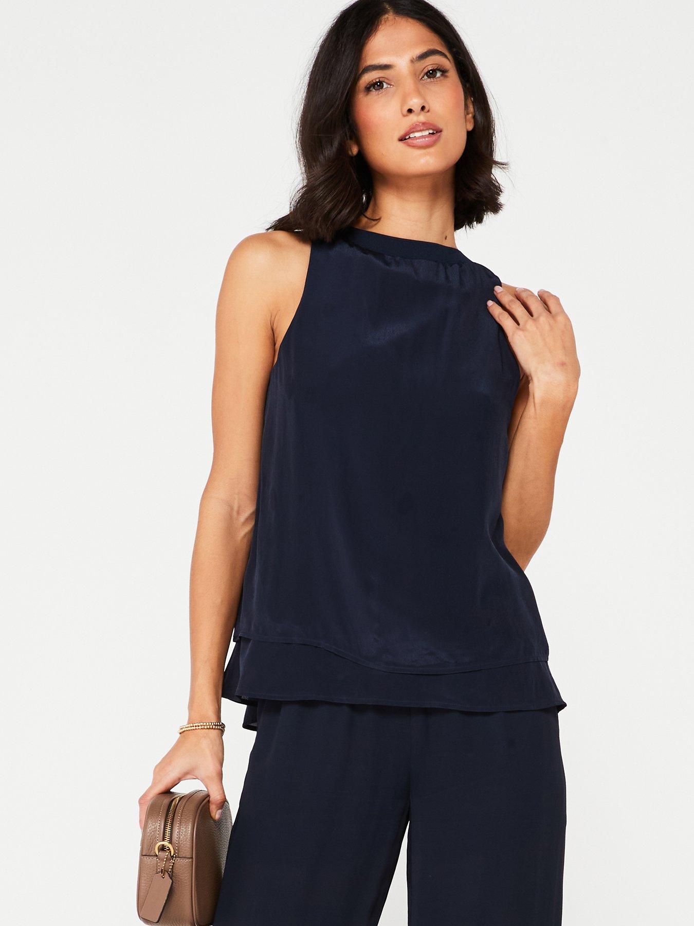 armani-exchange-viscose-tiered-sleeveless-blouse-navy