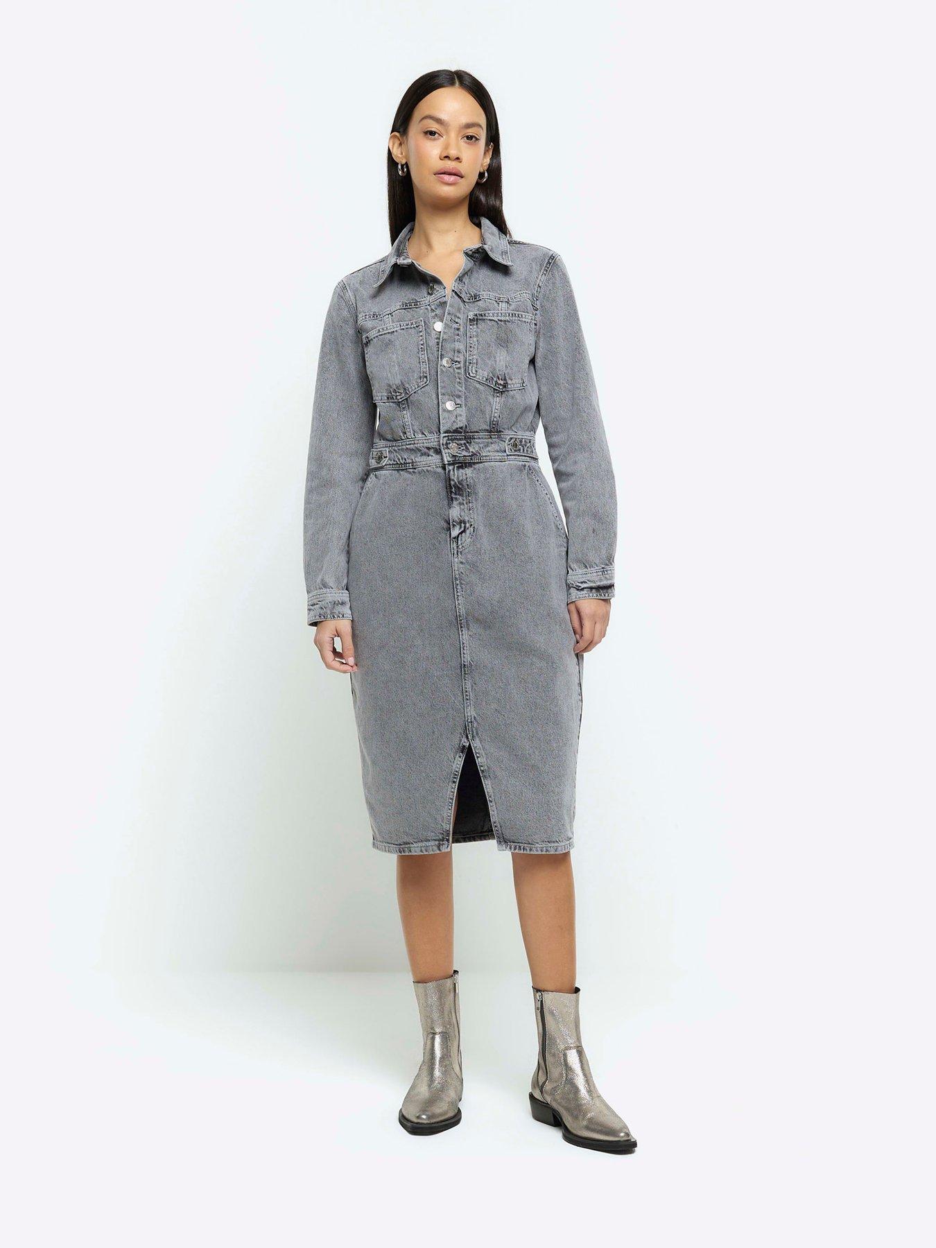 Flap Pocket Zipper Split Hem Belted Denim Dress