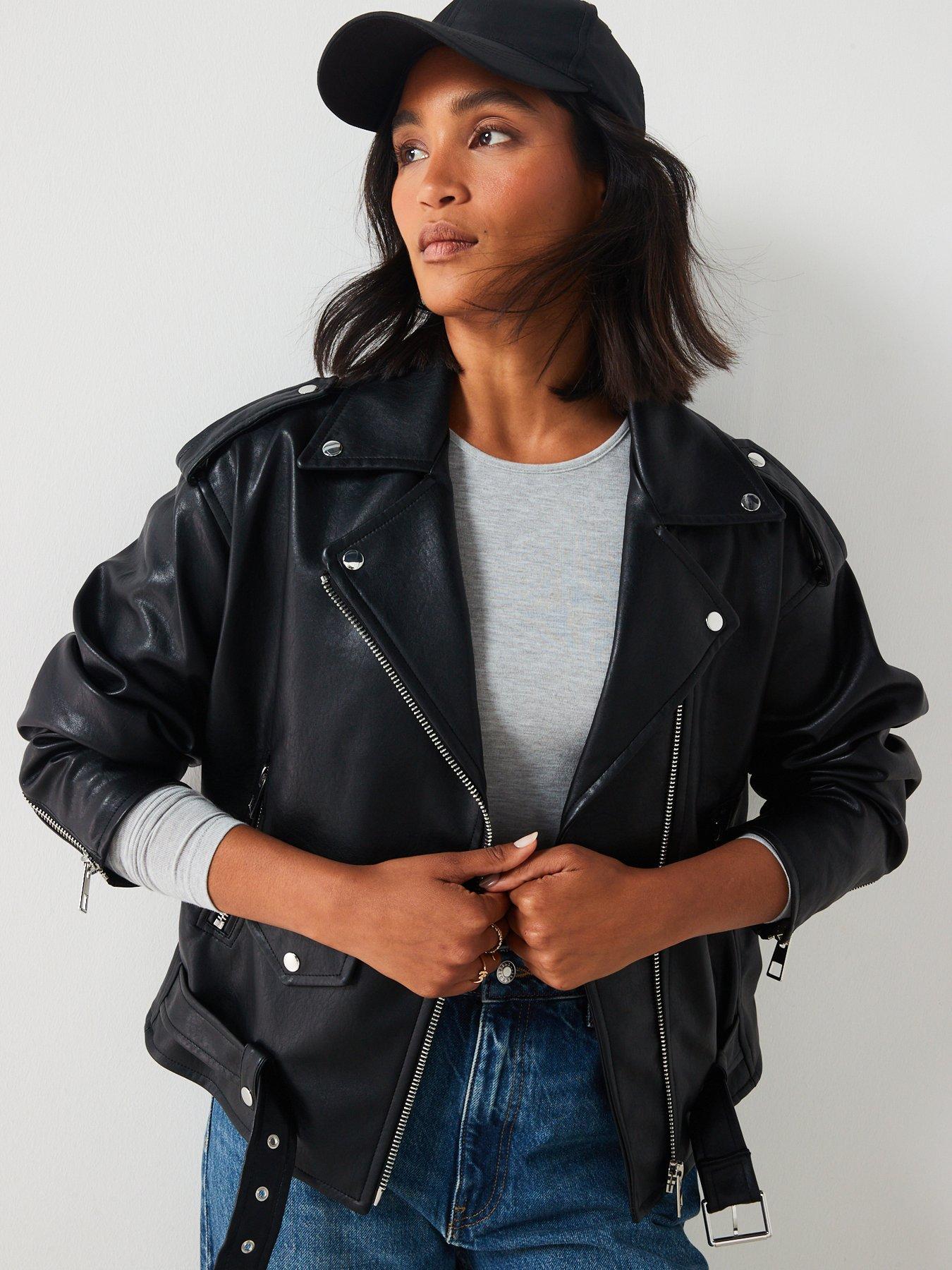 Mint Velvet Stitch Sleeve Detail Leather Biker Jacket - Black