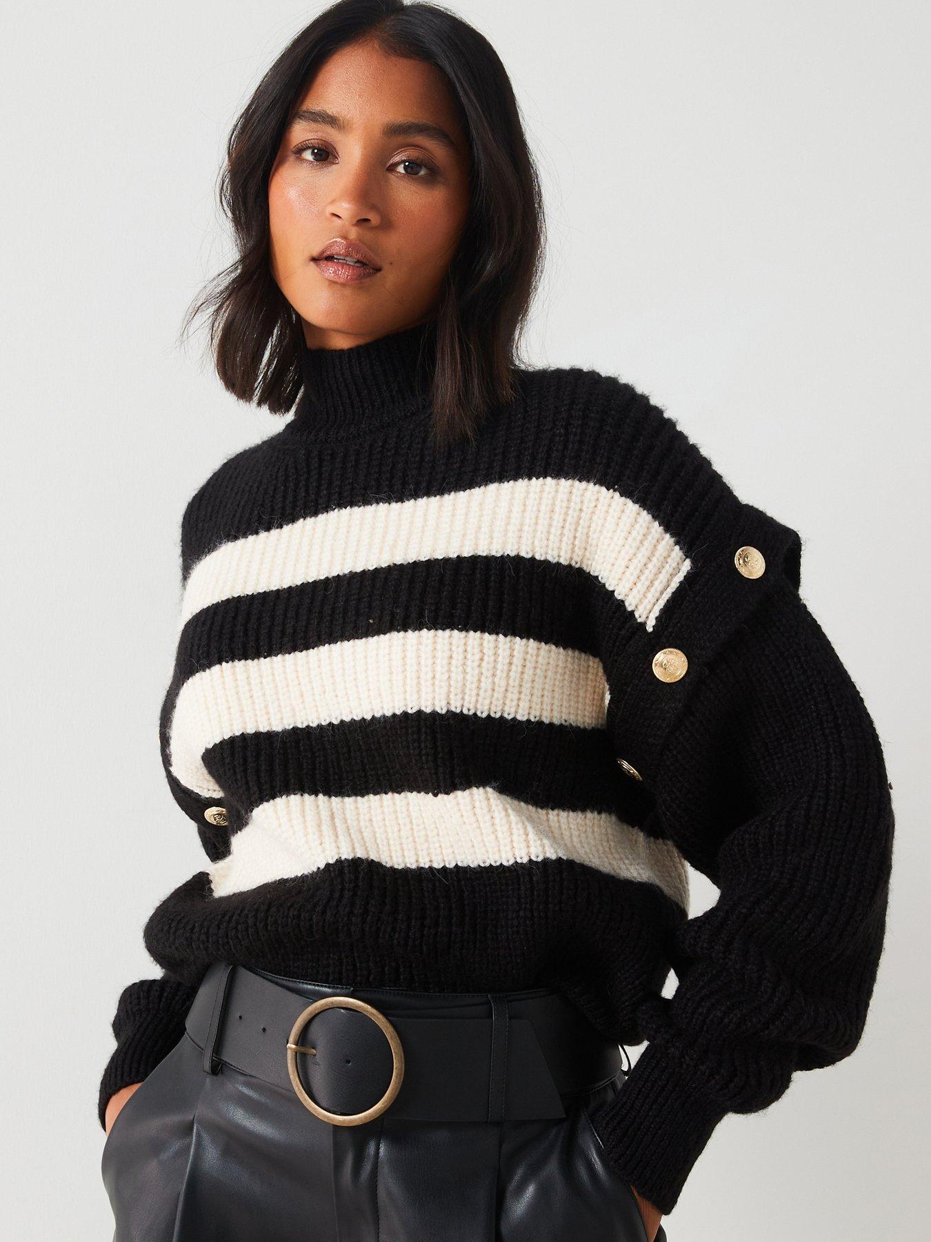 mango-stripe-high-collar-decorative-button-sweater