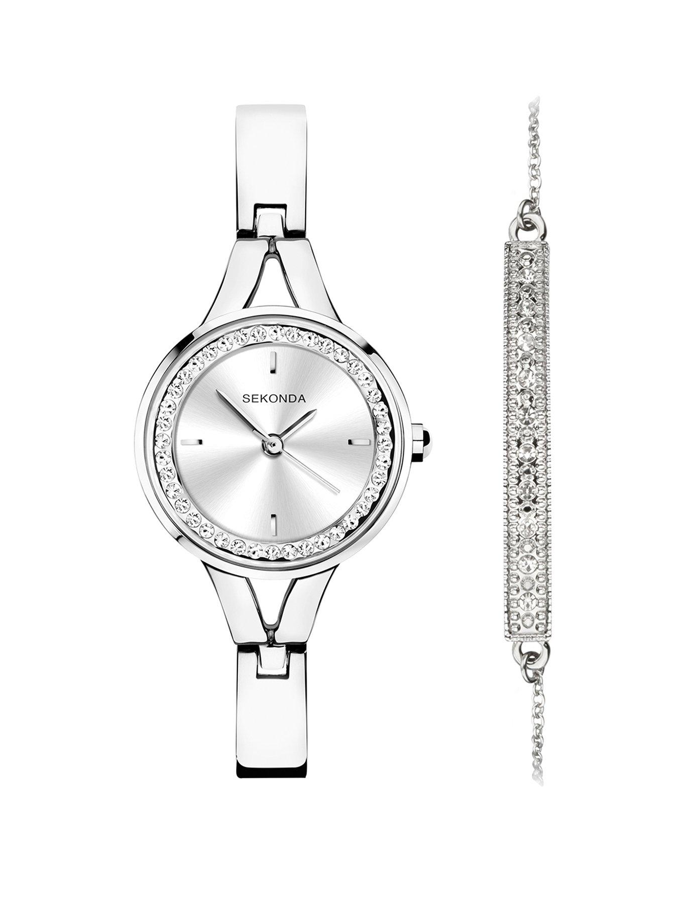 Image of Sekonda Sekonda Gift Set Womens 24mm Analogue Watch with Stone Set Silver Dial, Silver Alloy Semi-Bangle Bracelet and Matching Stone Set Bracelet