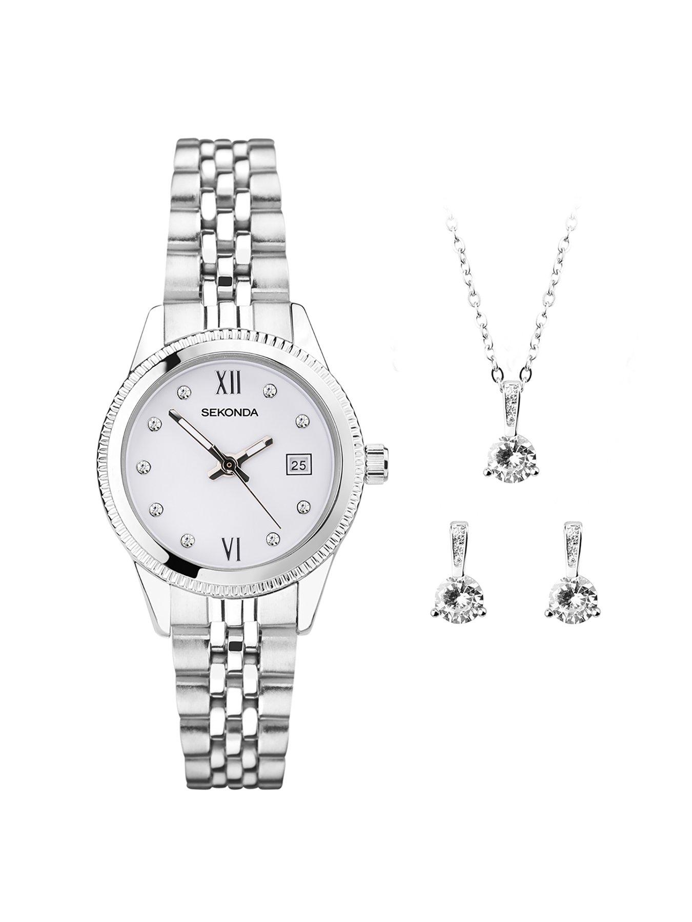 Sekonda Sekonda Gift Set Womens 26mm Analogue Watch with Silver Stone Set White Dial, Silver Stainless Steel Bracelet Matching Stone Set Pendant and Earrings