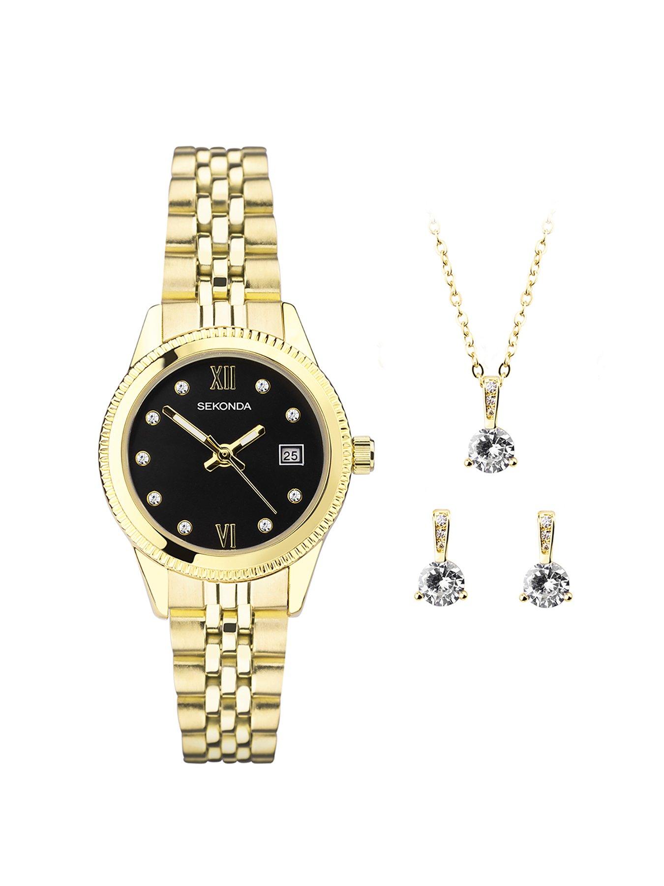 Sekonda Sekonda Gift Set Womens 26mm Analogue Watch with Yellow Gold Stone Set Black Dial, Yellow Gold Stainless Steel Bracelet Matching Pendant and Earrings