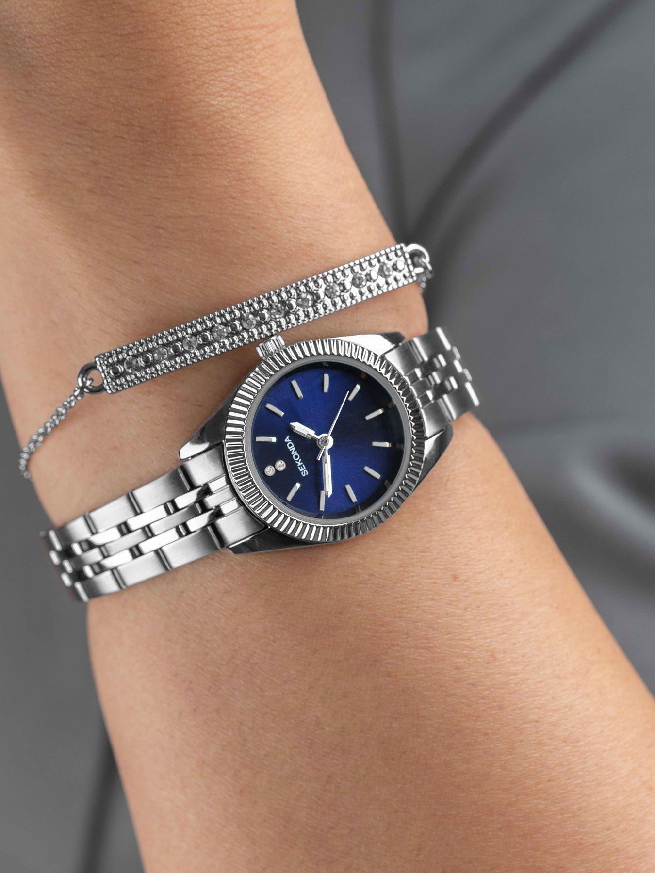 Women's silver watch with blue face sales
