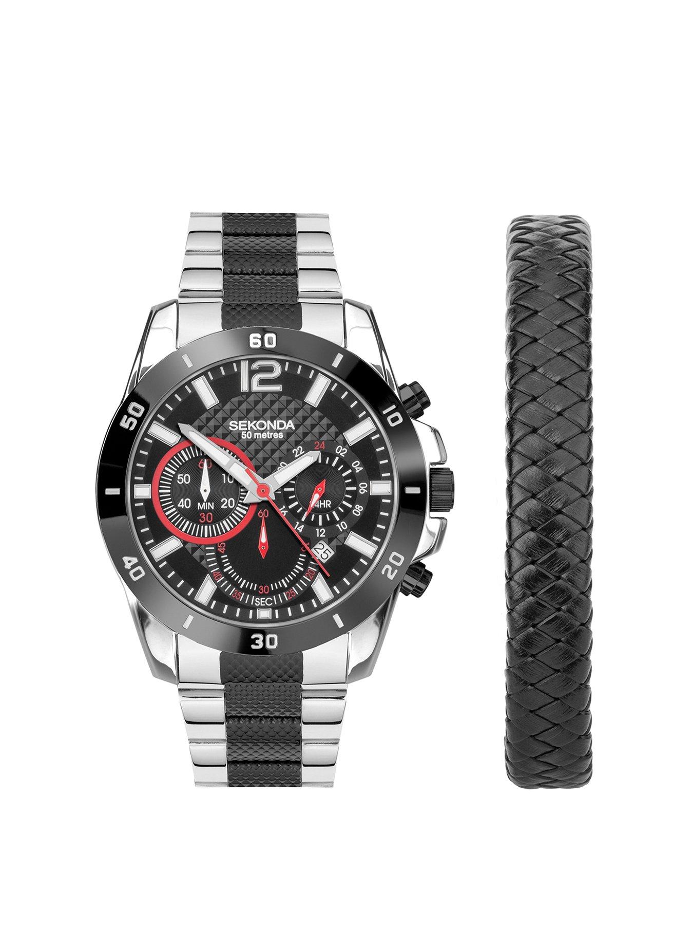 sekonda-sekonda-sport-gift-set-mens-44mm-chronograph-watch-with-black-dial-two-tone-stainless-steel-bracelet-and-black-leather-braided-bracelet