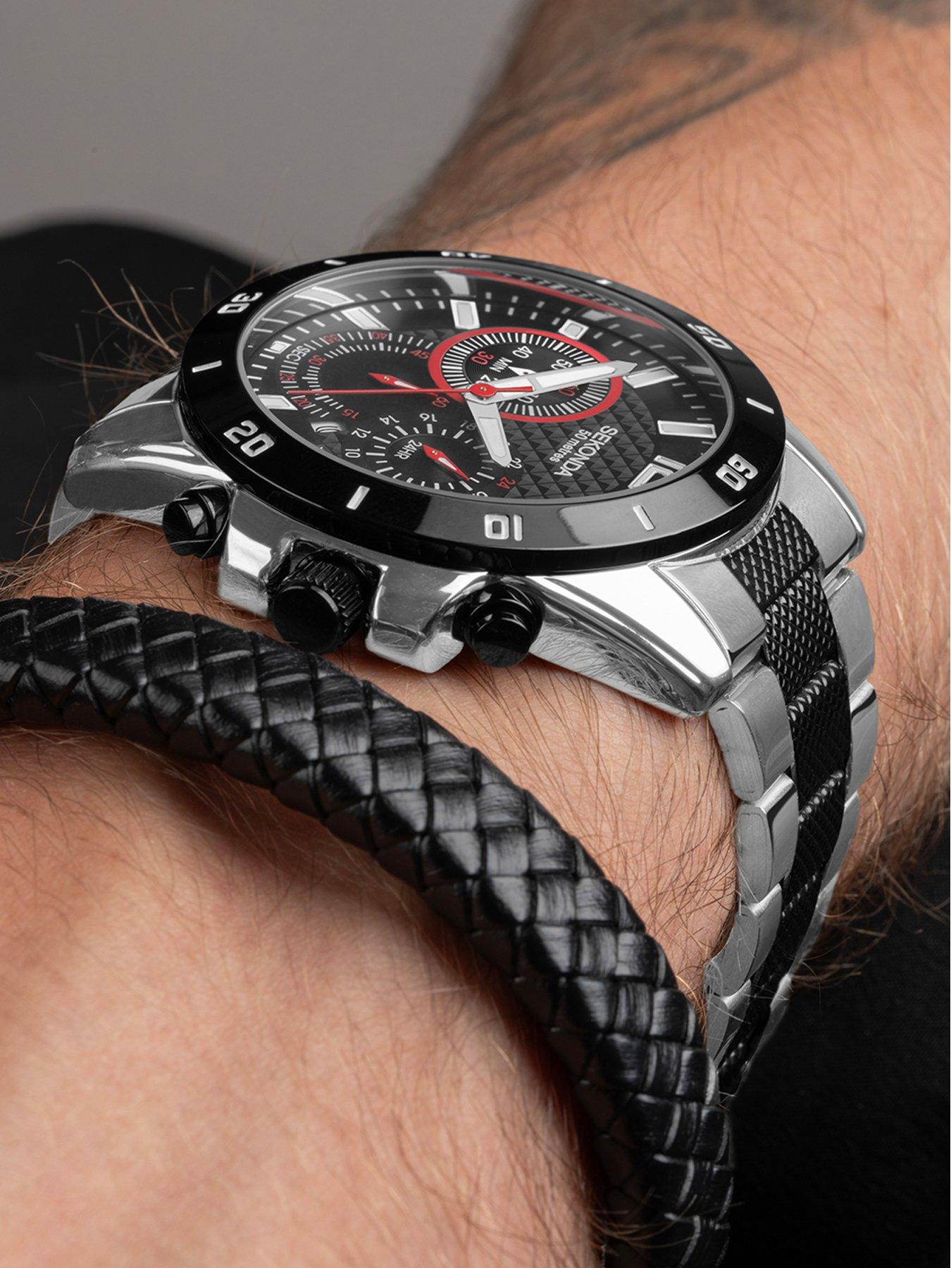 Sekonda Sport Gift Set Men s 44mm Chronograph Watch with Black Dial Two Tone Stainless Steel Bracelet and Black Leather Braided Bracelet