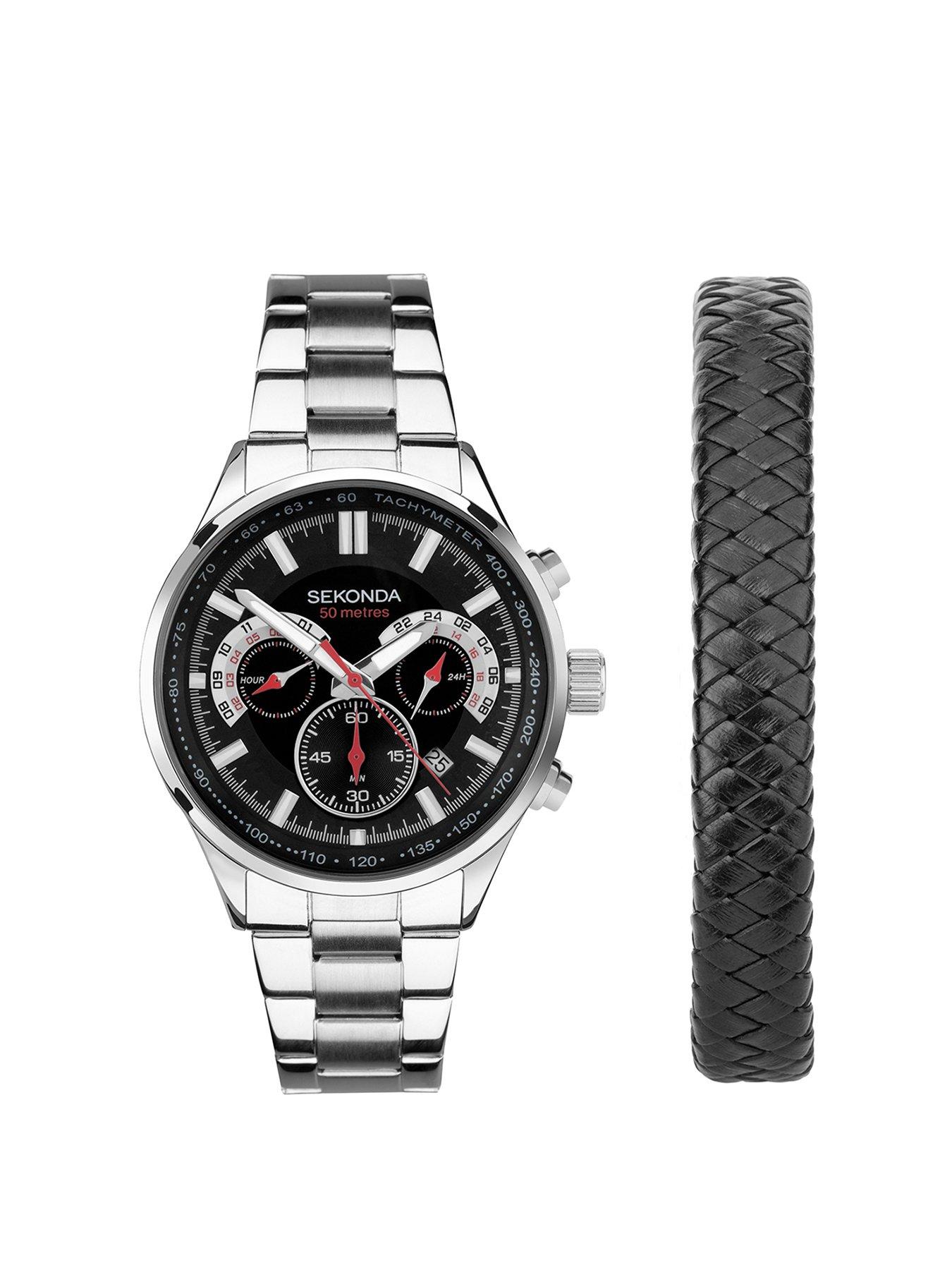 sekonda-sekonda-sport-gift-set-mens-43mm-analogue-watch-with-black-dial-silver-stainless-steel-bracelet-and-black-leather-braided-bracelet