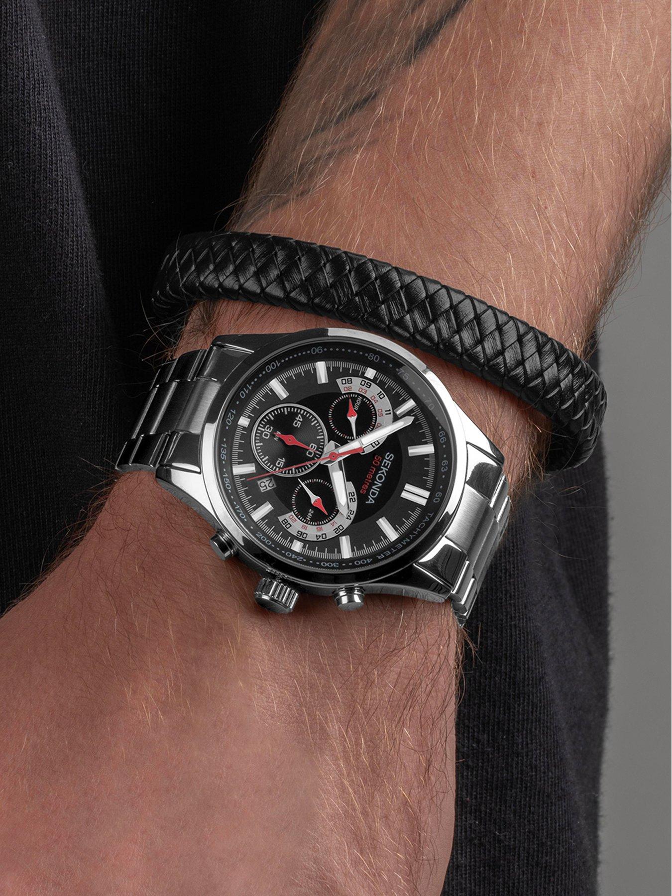 sekonda-sekonda-sport-gift-set-mens-43mm-analogue-watch-with-black-dial-silver-stainless-steel-bracelet-and-black-leather-braided-braceletback