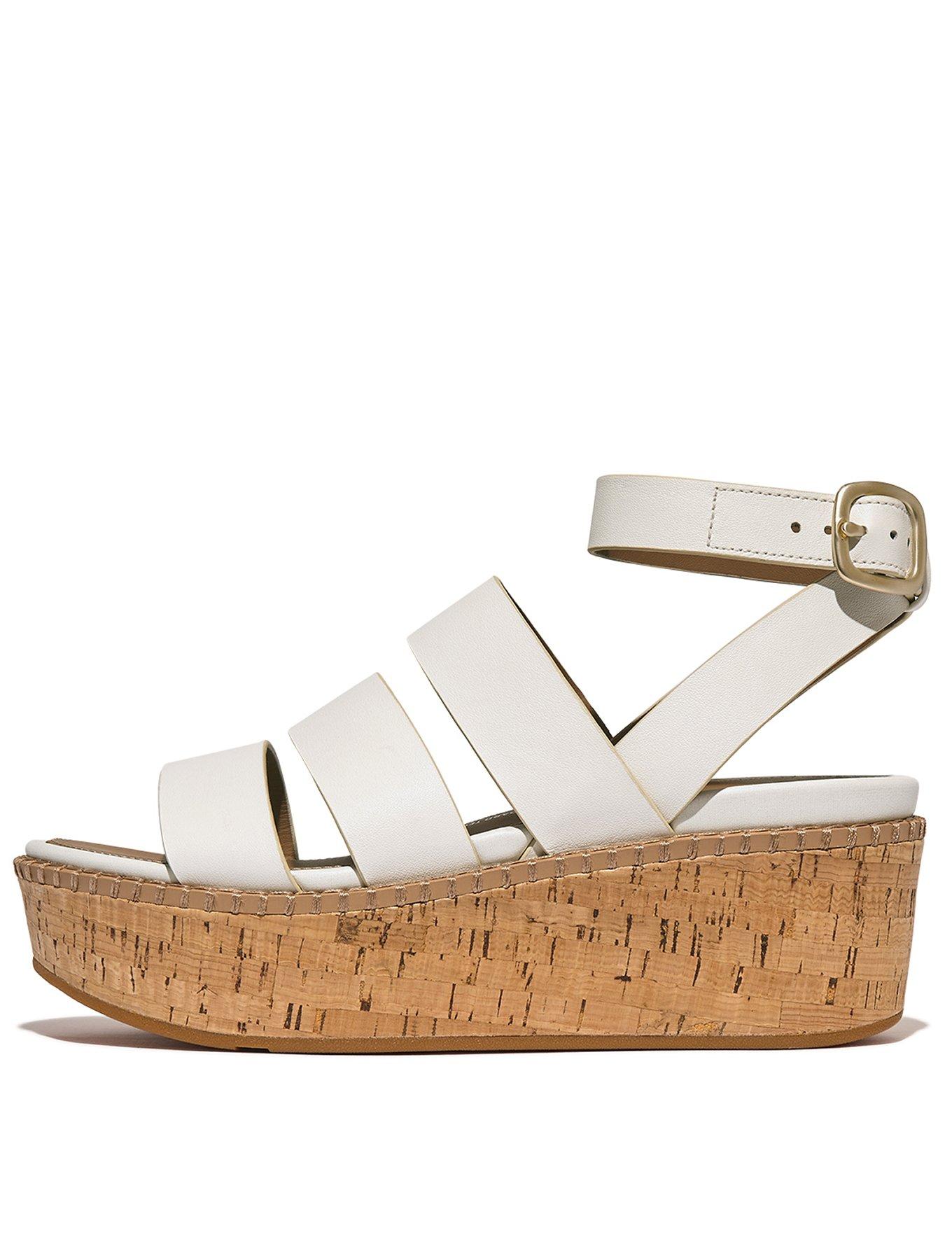Image of FitFlop Eloise Leather/cork Strappy Wedge Sandals - Urban White
