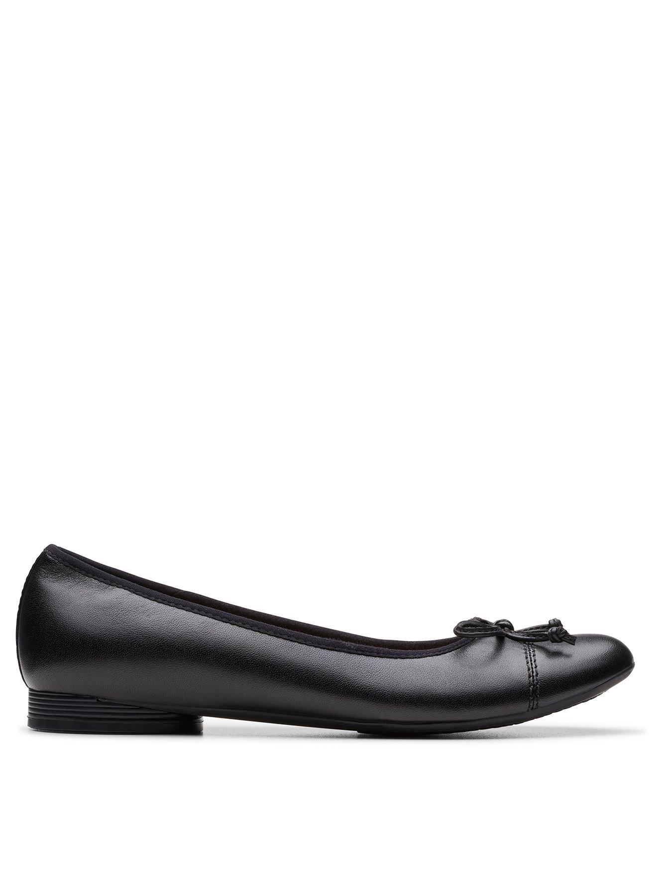 Image 1 of 7 of Clarks Womens Wide Fit Loreleigh Rae Leather Bow Ballet Pumps - Black