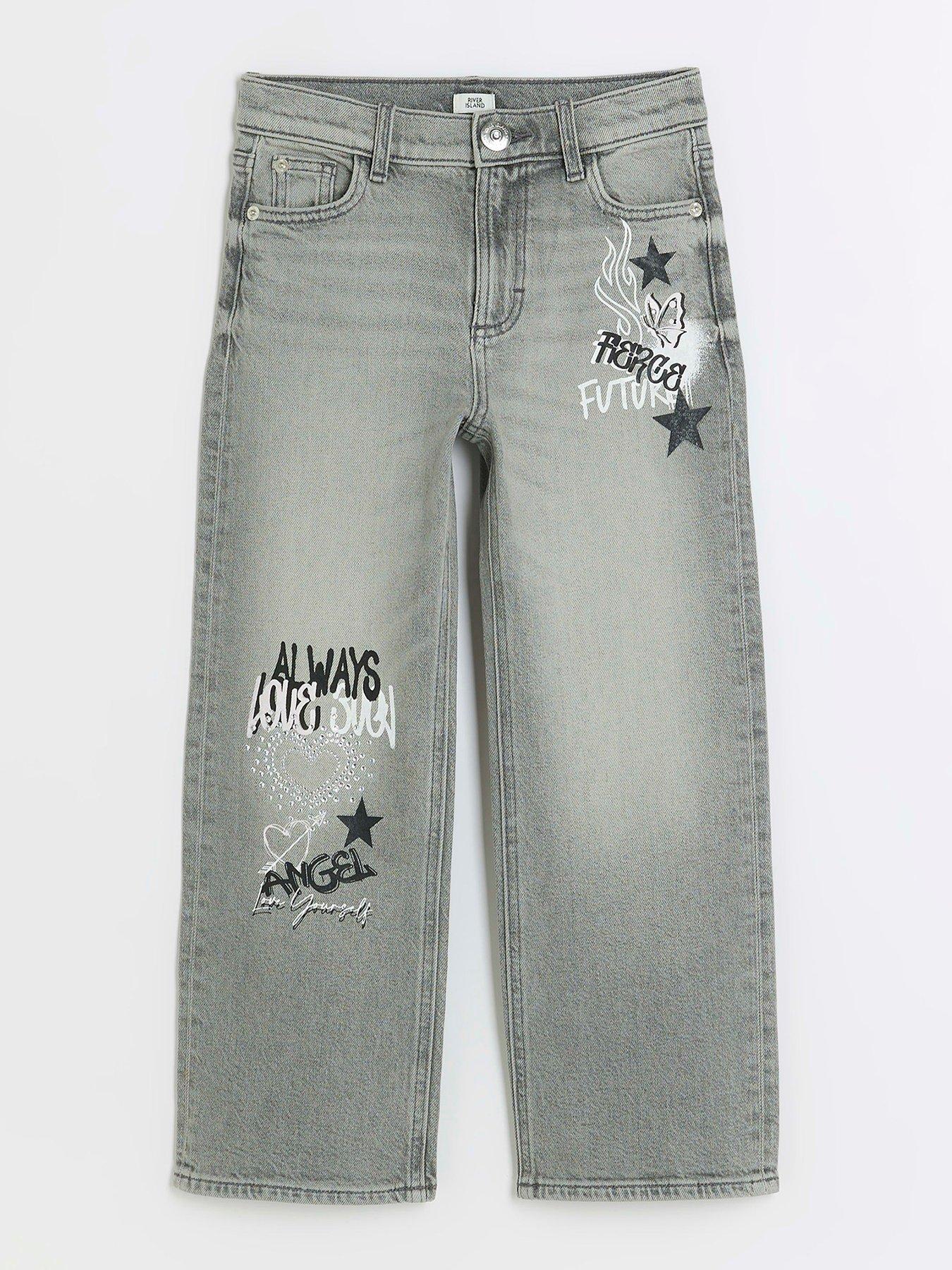undefined Girls Straight Graffiti Jeans - Grey