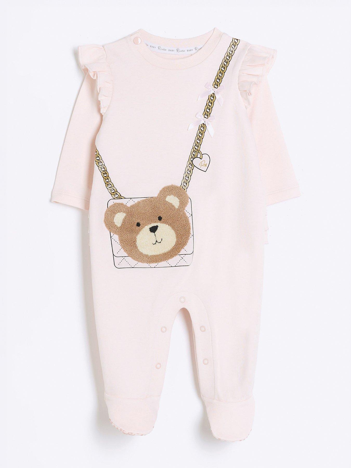 JoJo Maman Bebe Unisex Bear Applique Zip Sleepsuit - Cream