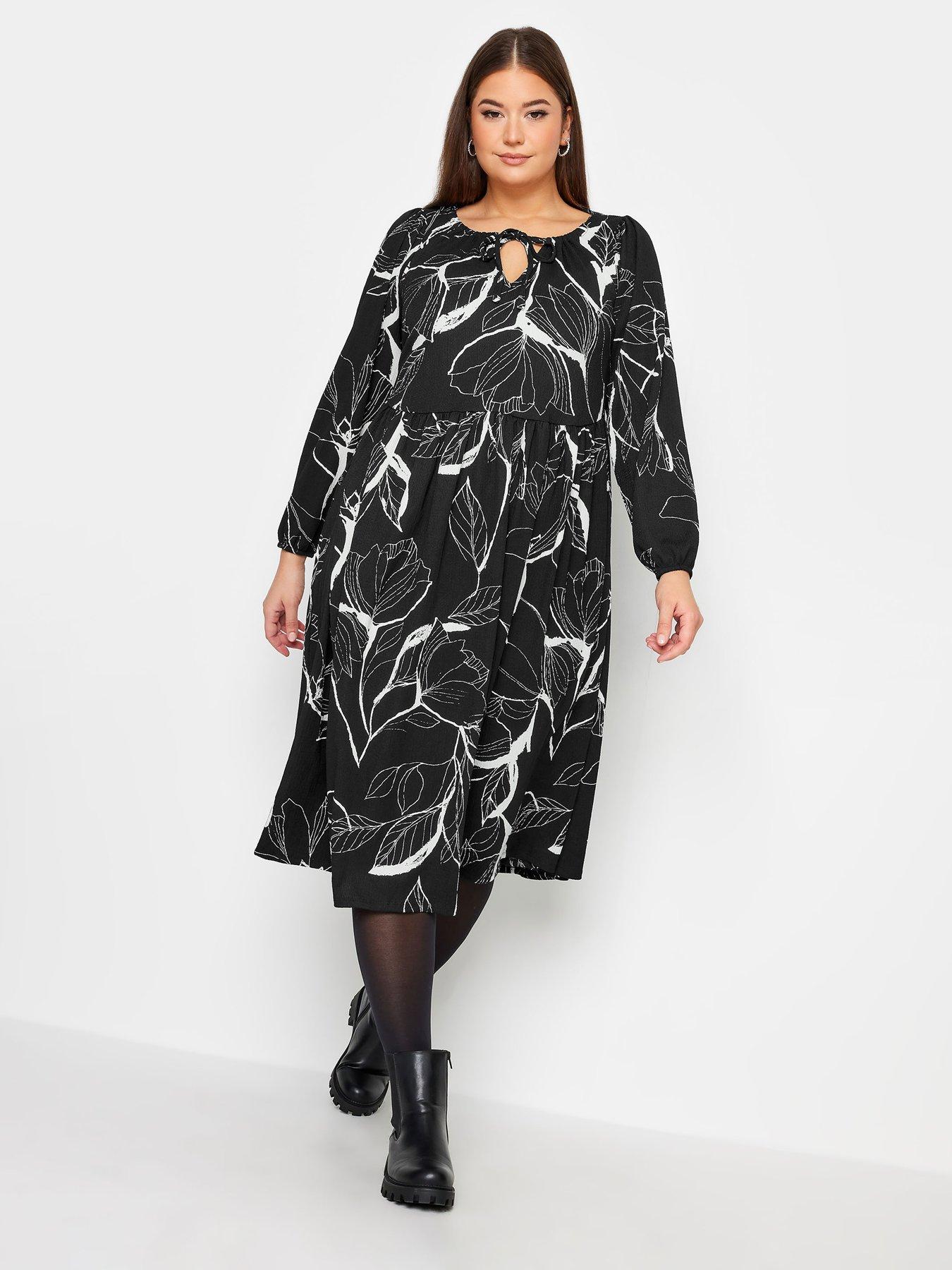 yours-leaf-print-textured-midaxi-dress-black