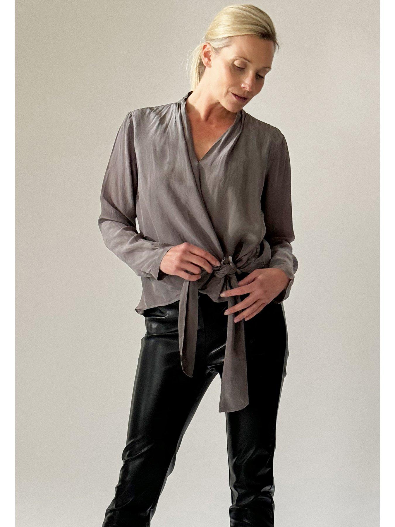 religion-long-sleeve-tie-front-double-layer-top-in-cupro-greydetail