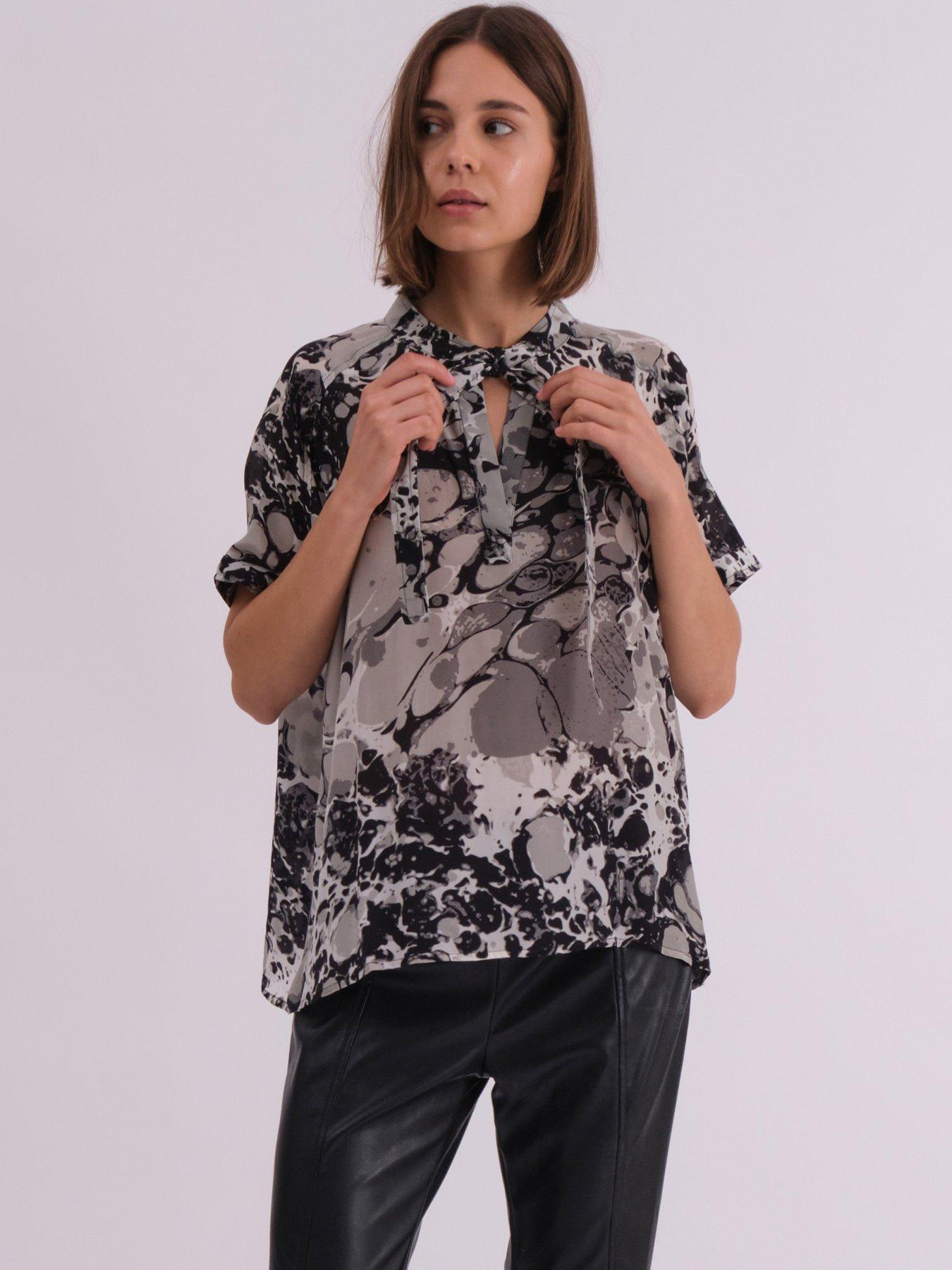 Image of Religion Oversized Hidden Blouse in abstract print with neck tie - Multi