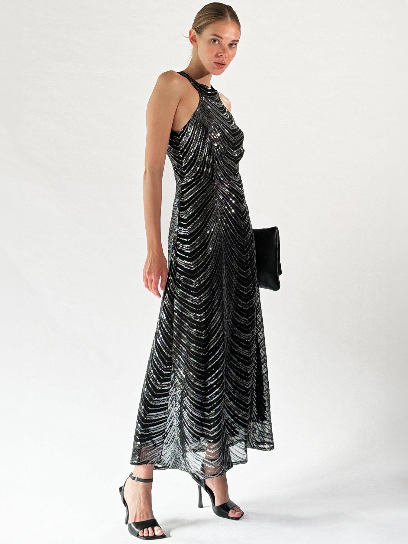 Religion Halterneck Sequin Maxi Dress - Gunmetal
