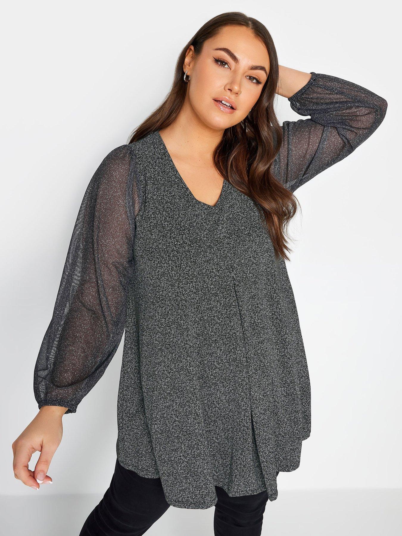 yours-abstract-print-mesh-sleeve-pleated-top-grey