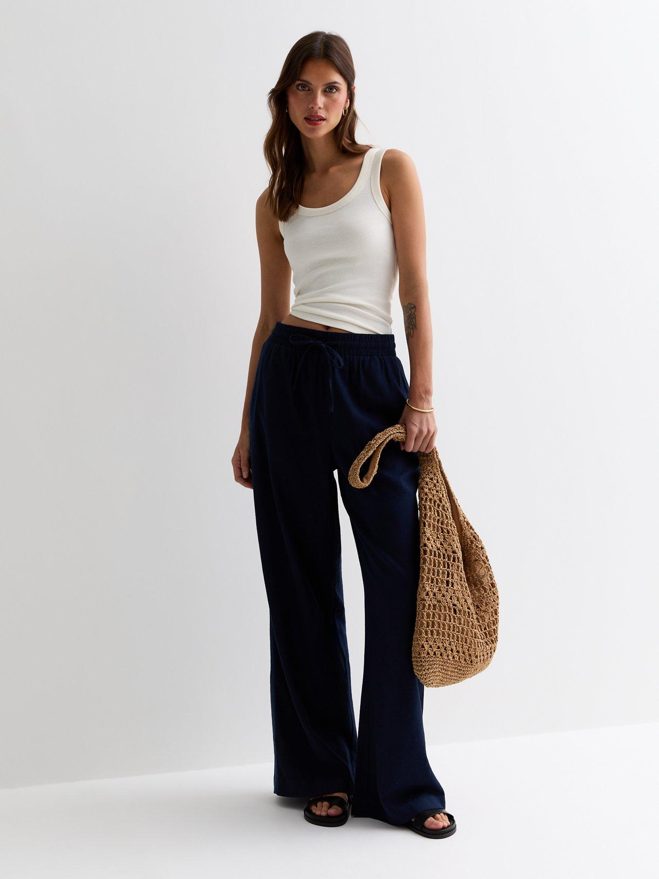 new-look-navy-linen-blend-drawstring-waist-wide-leg-trousers