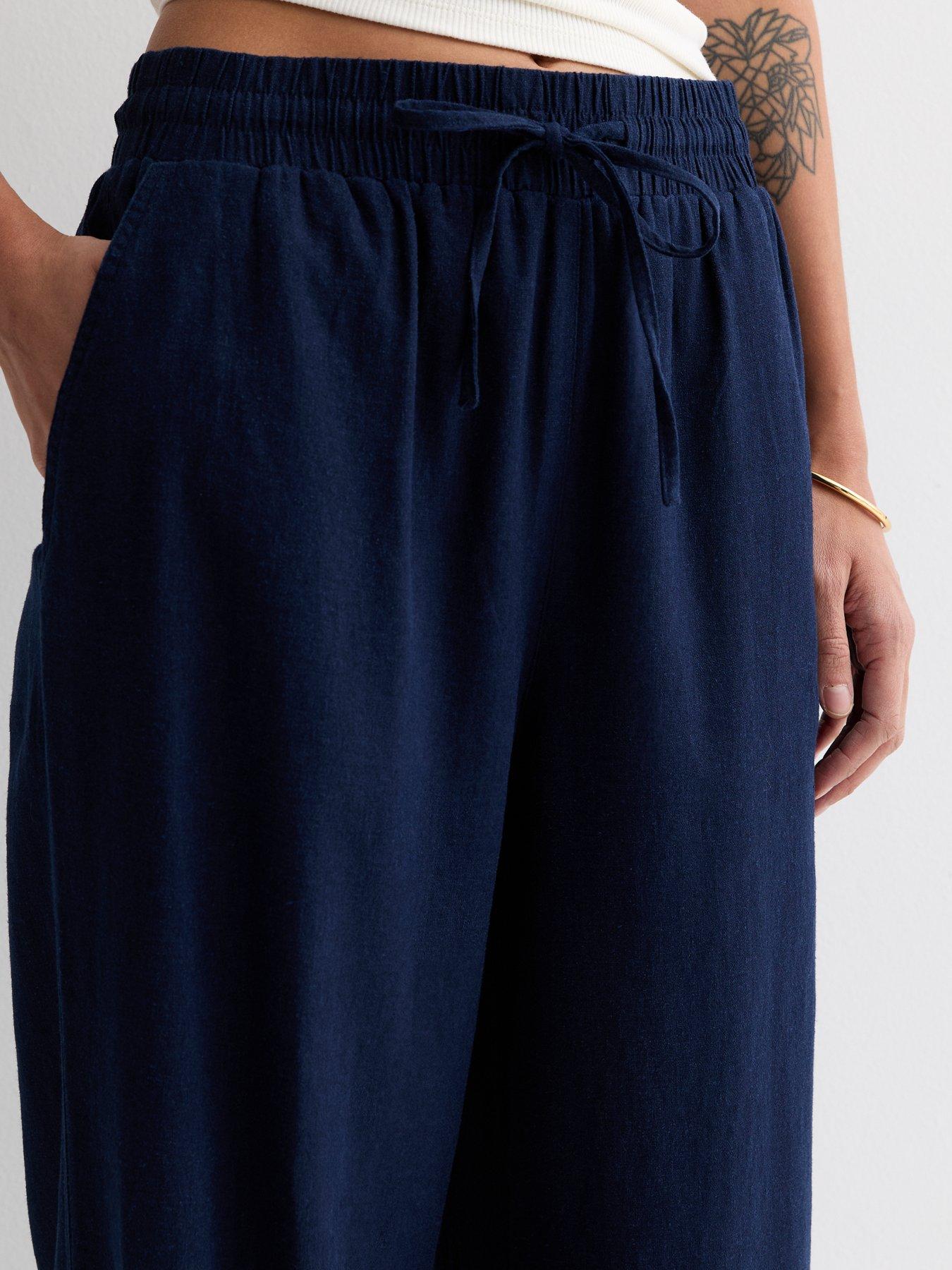 new-look-navy-linen-blend-drawstring-waist-wide-leg-trousersoutfit