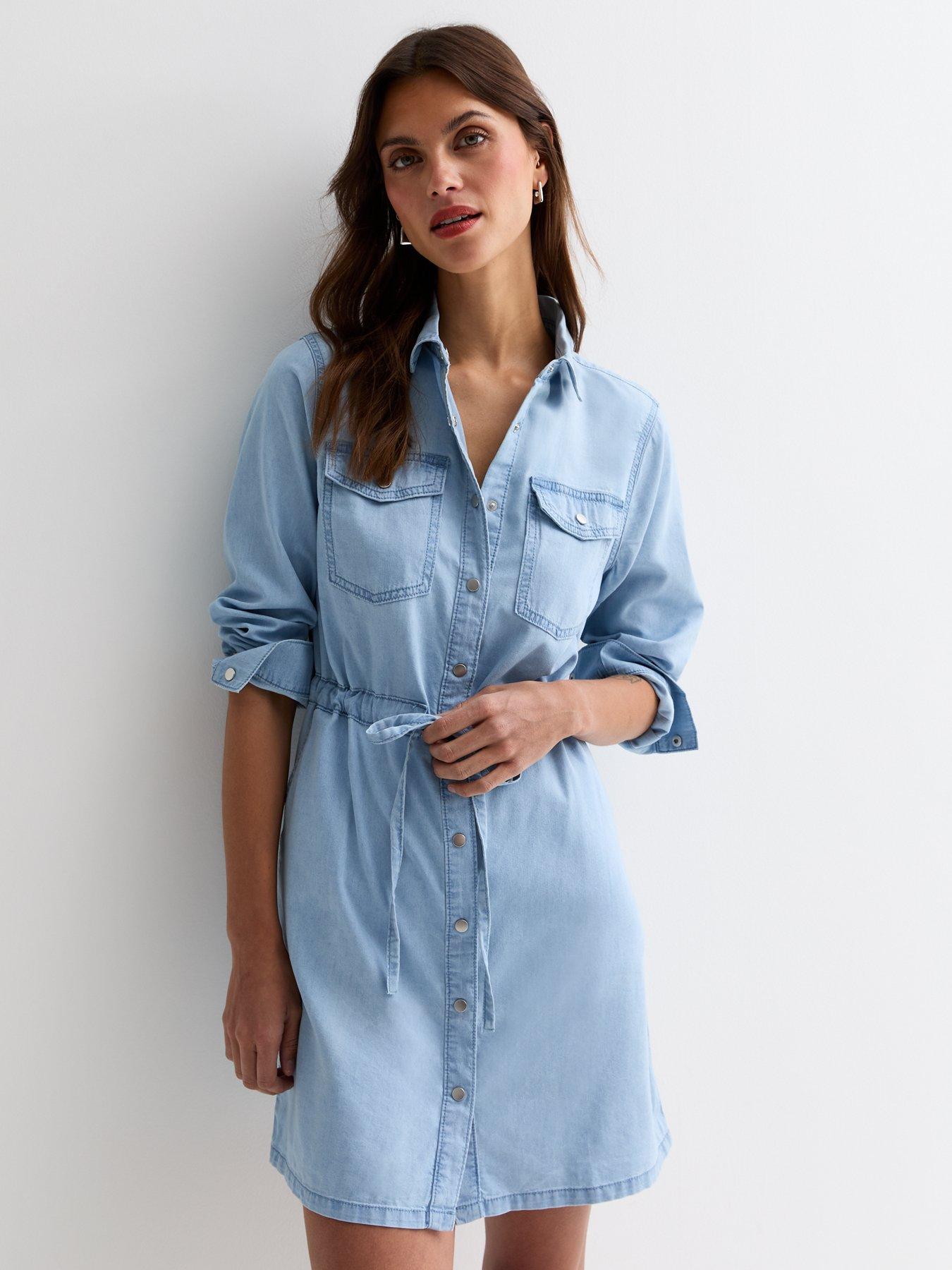 new-look-blue-lightweight-denim-drawstring-mini-shirt-dress