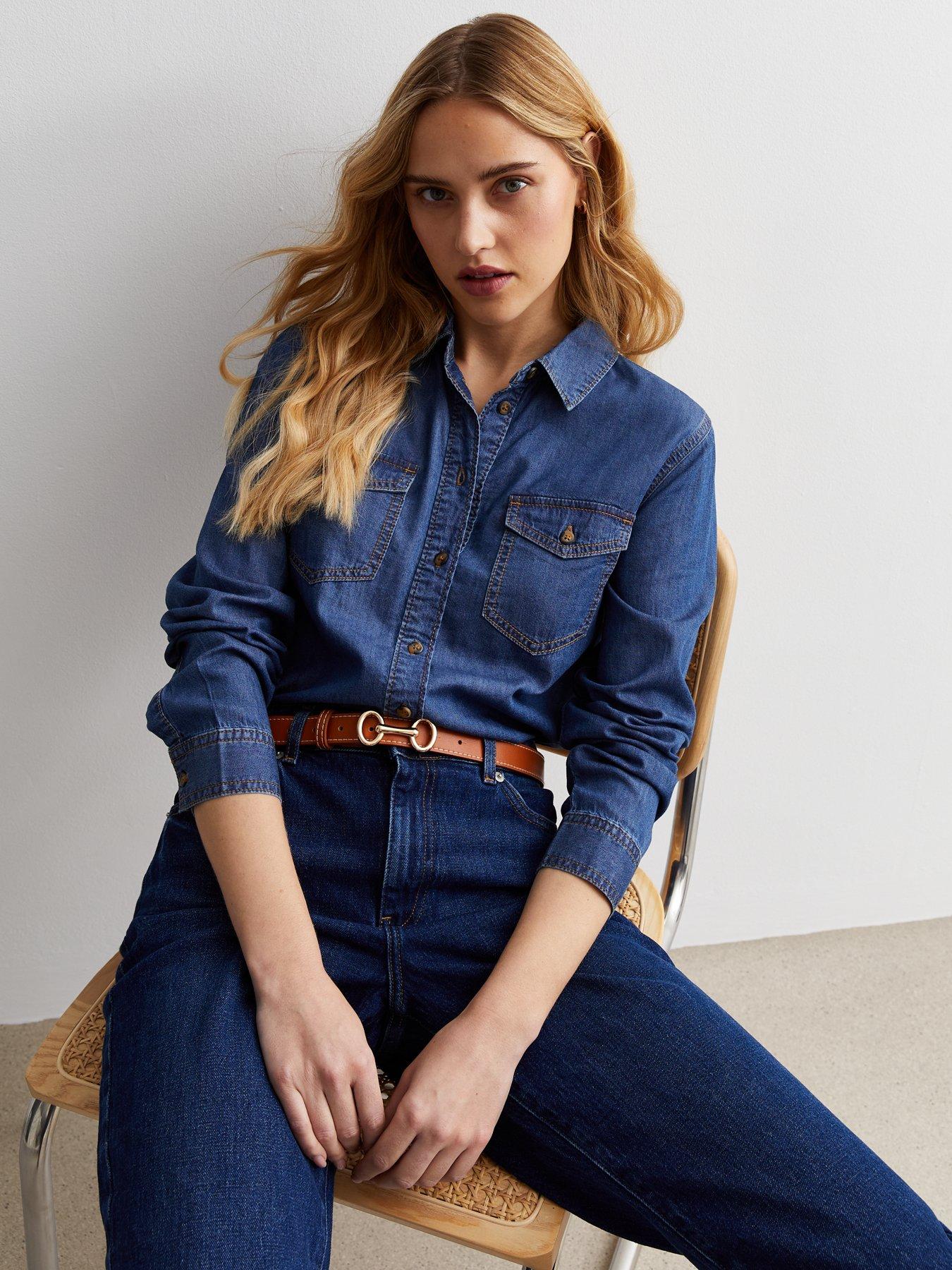 Image 1 of 4 of New Look Long Sleeve Lightweight Denim Shirt - Blue