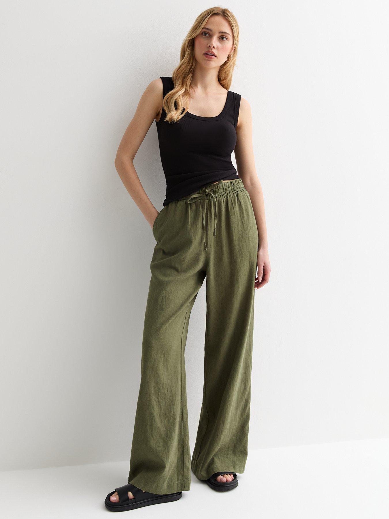 new-look-khaki-linen-blend-drawstring-waist-wide-leg-trousers