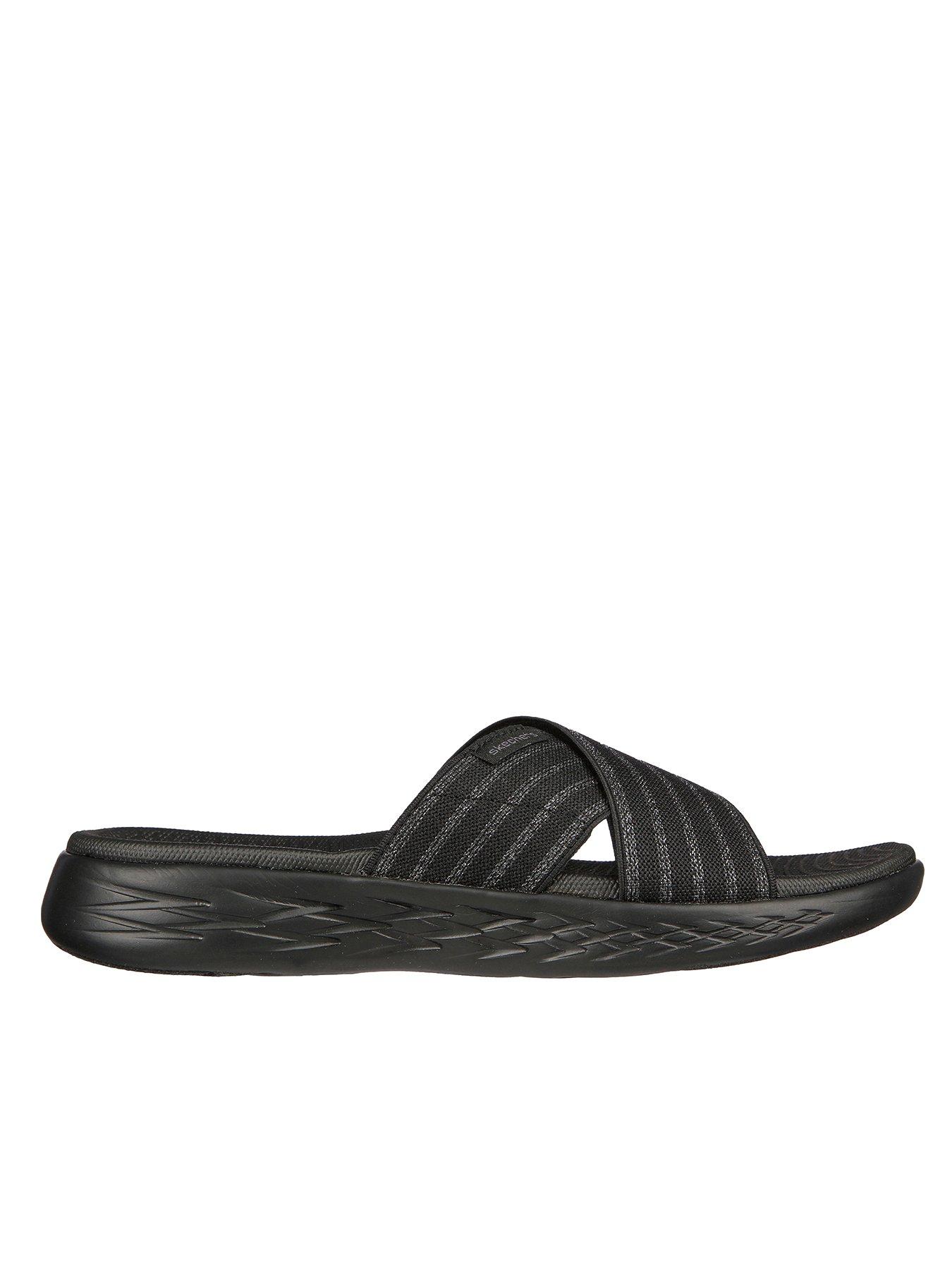 skechers-on-the-go-600-stunning-metallic-gore-cross-band-slide-black-graytextilefront