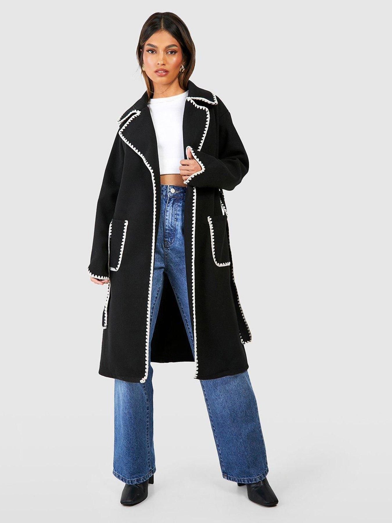 Boohoo hooded wool look cheap belted coat