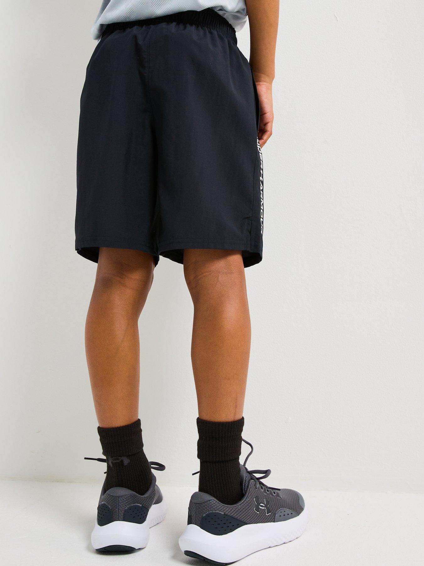 under-armour-junior-boys-woven-wordmark-shorts-blackwhitestillFront