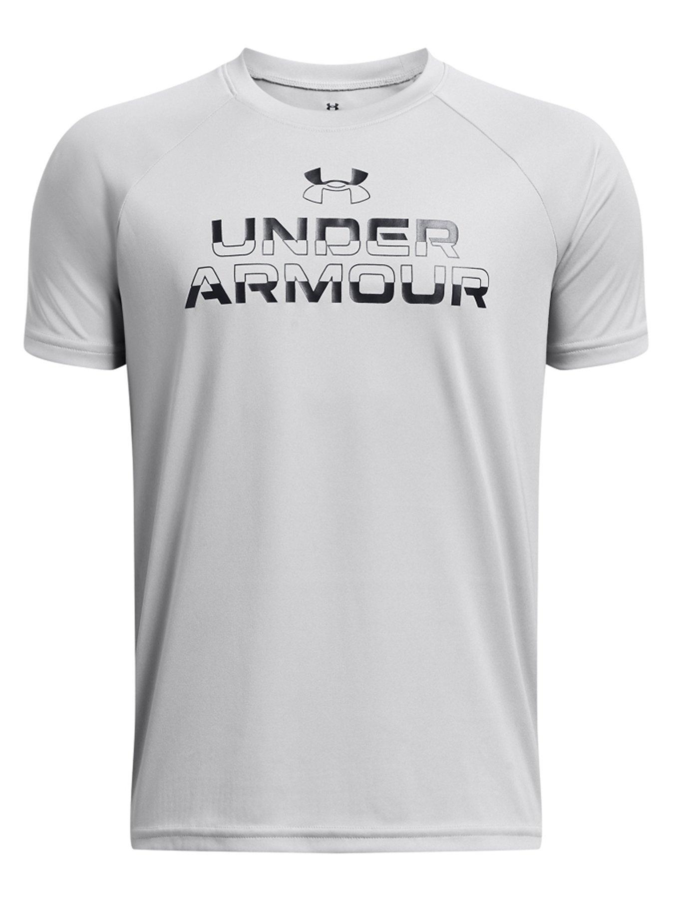 Image 1 of 2 of UNDER ARMOUR Junior Boys Tech Split Wordmark T-Shirt - Grey/Black