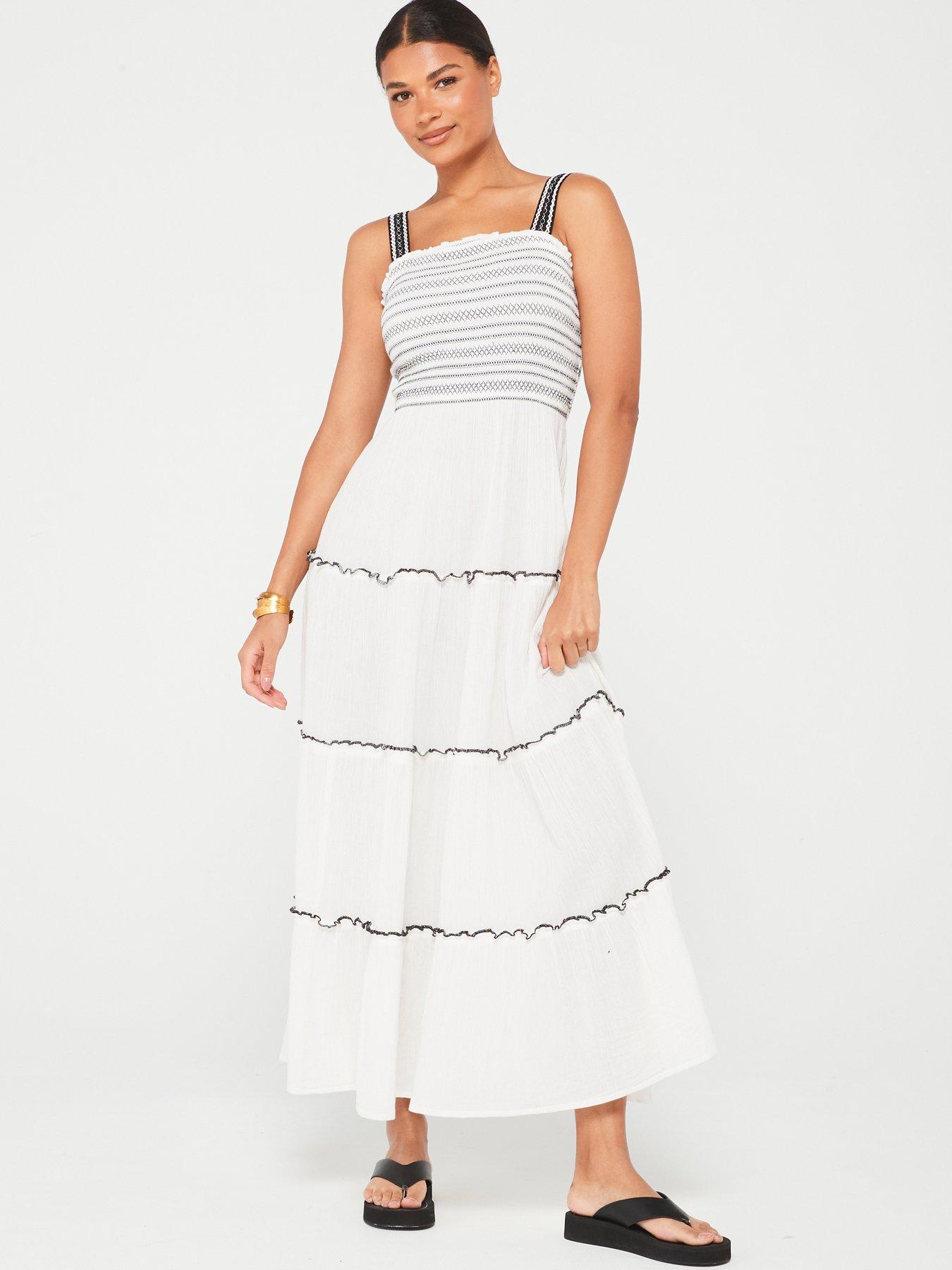 v-by-very-contrast-stitch-shirred-midi-beach-dress-white