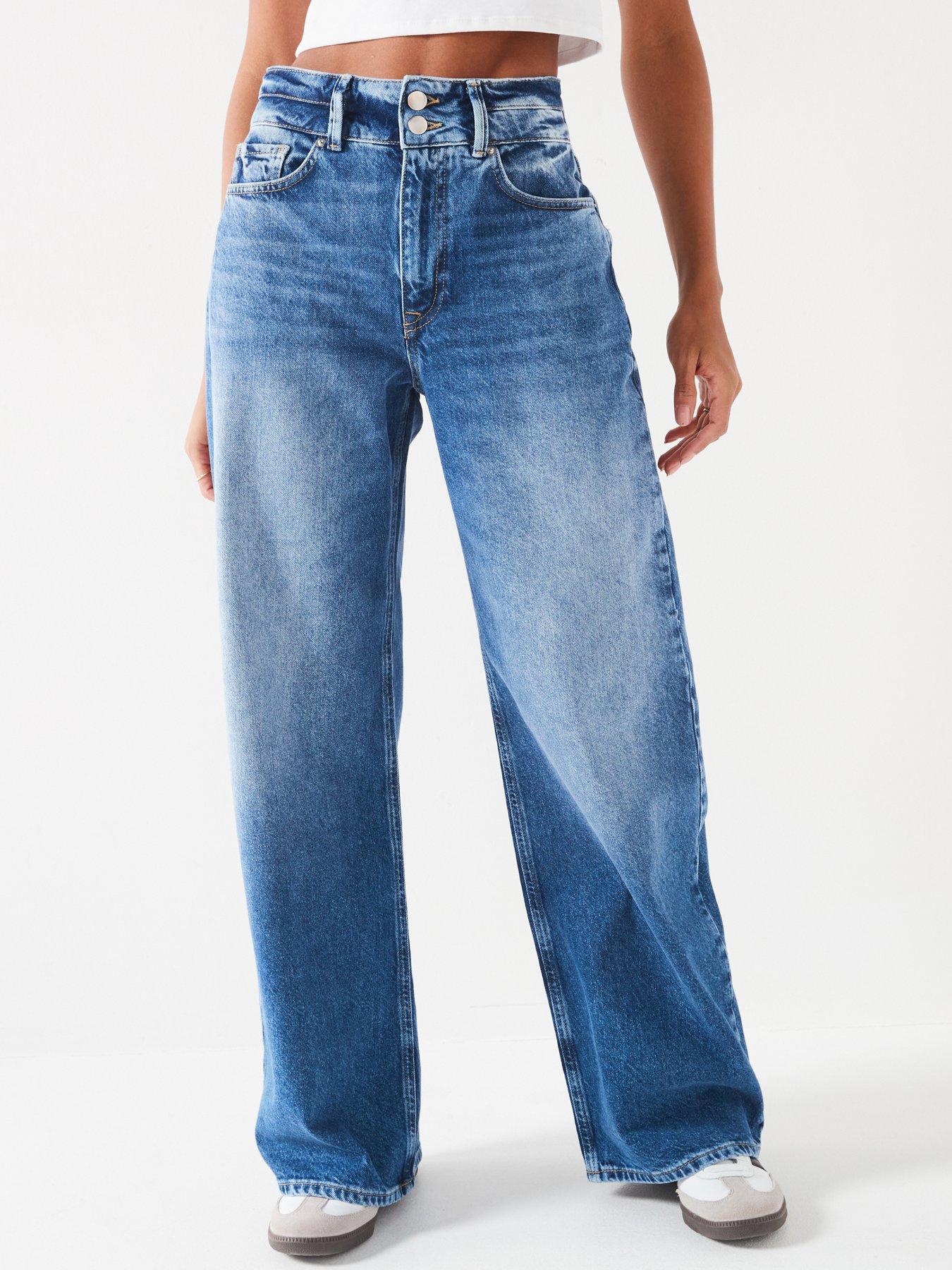 Image of V by Very Double Button Waistband Wide Jeans - Mid Wash