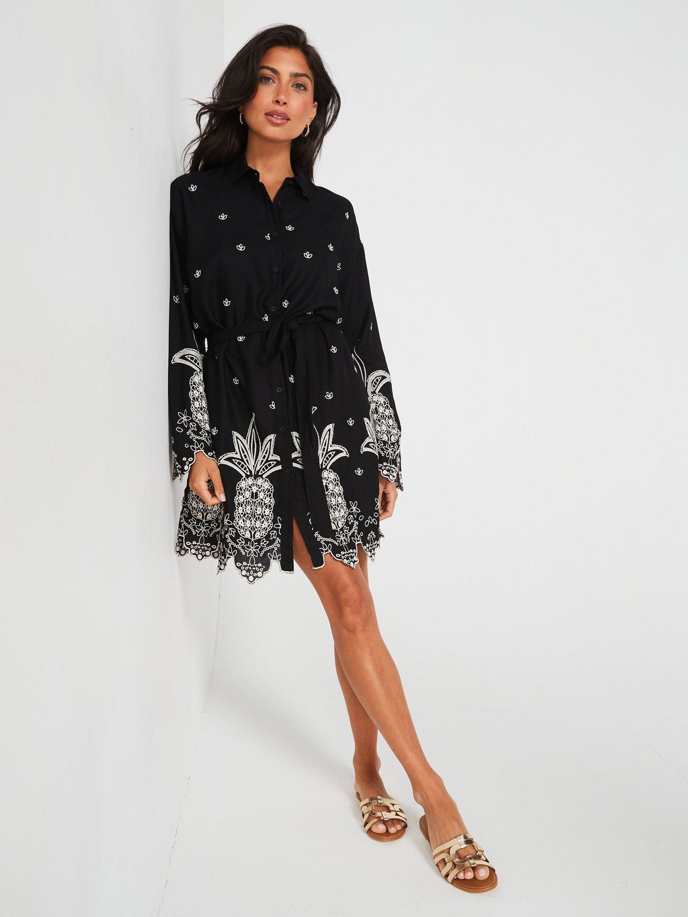 v-by-very-pineapple-embroidered-beach-shirt-dress-blackfront