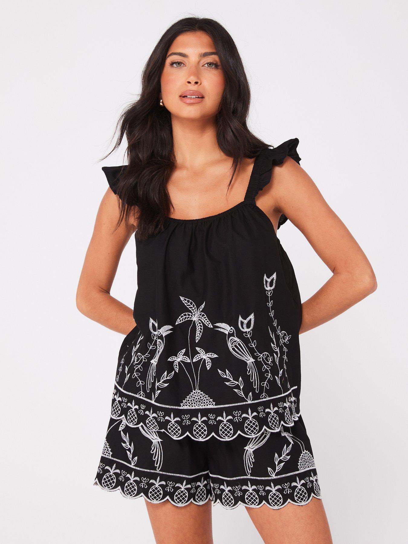 v-by-very-frill-shoulder-embroidered-co-ord-top-black